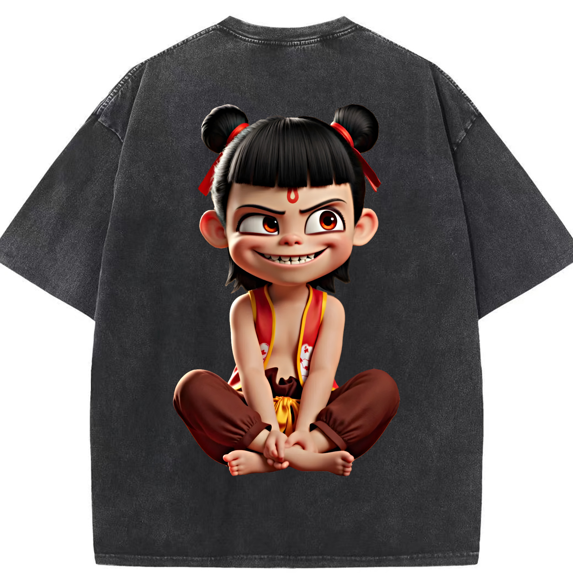 （画像用） Ne Zha 2 ナタ 魔童の大暴れ 綿100% ヴィンテージ風 半袖Tシャツ（背面プリント）