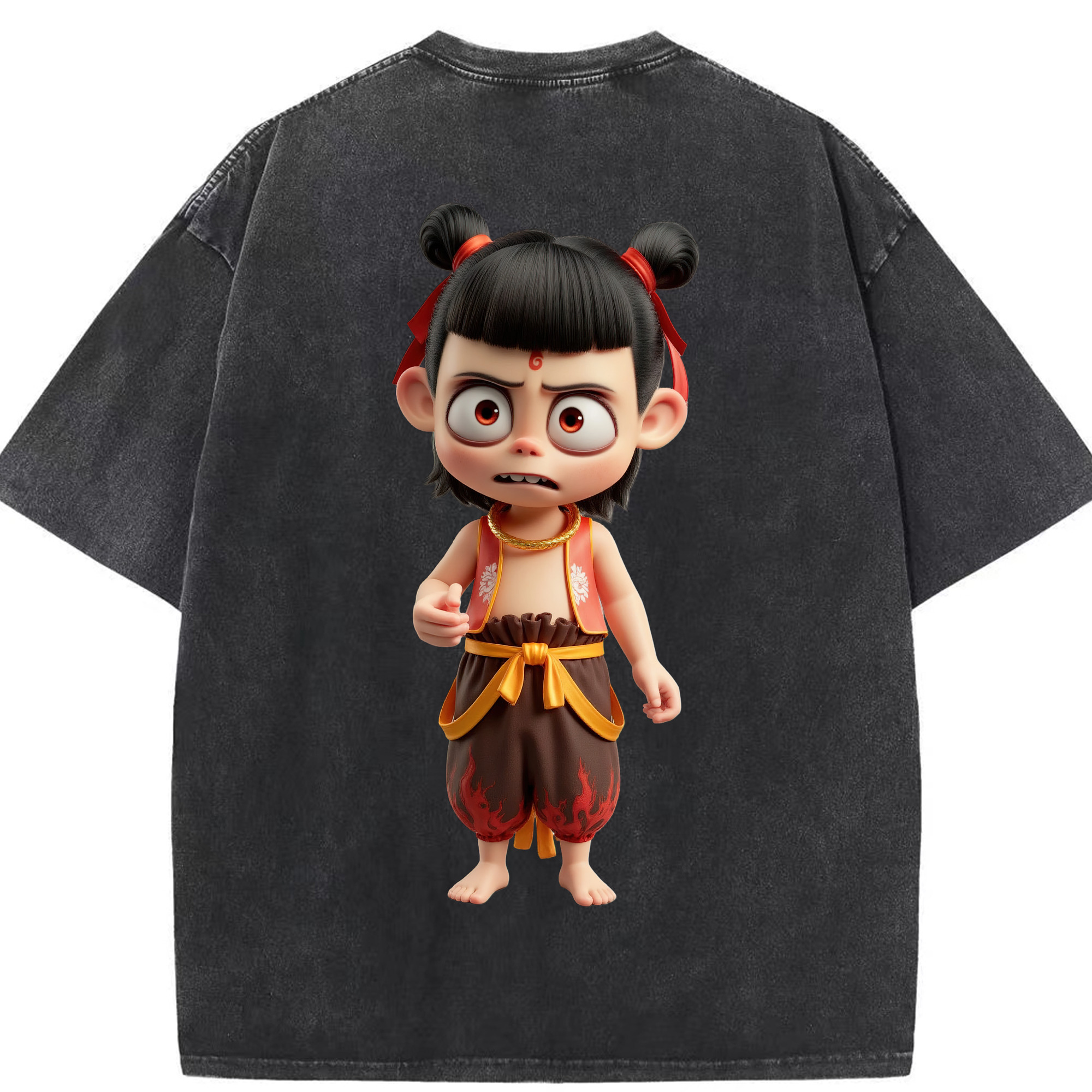 （画像用） Ne Zha 2 ナタ 魔童の大暴れ 綿100% ヴィンテージ風 半袖Tシャツ（背面プリント）
