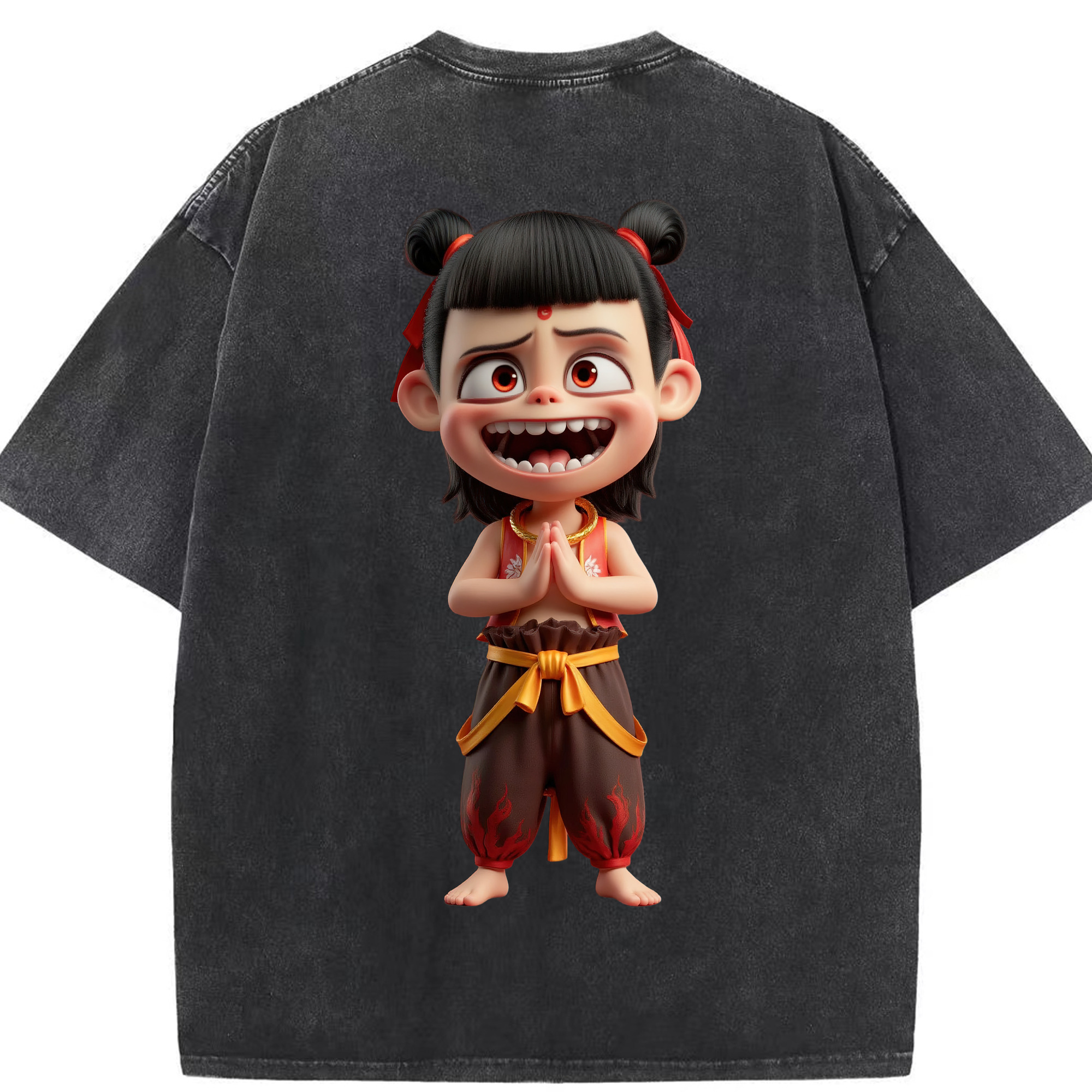 （画像用） Ne Zha 2 ナタ 魔童の大暴れ 綿100% ヴィンテージ風 半袖Tシャツ（背面プリント）