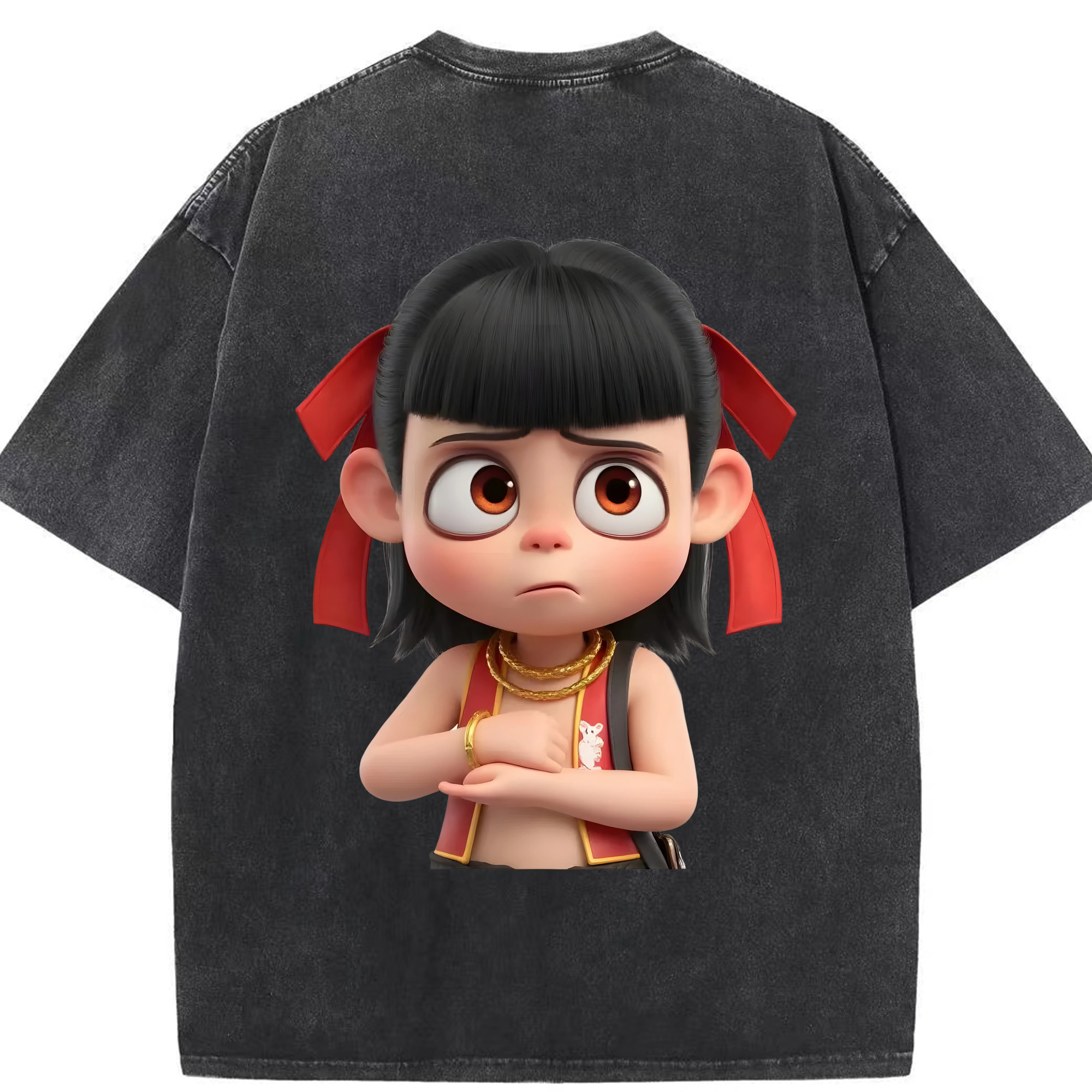 （画像用） Ne Zha 2 ナタ 魔童の大暴れ 綿100% ヴィンテージ風 半袖Tシャツ（背面プリント）