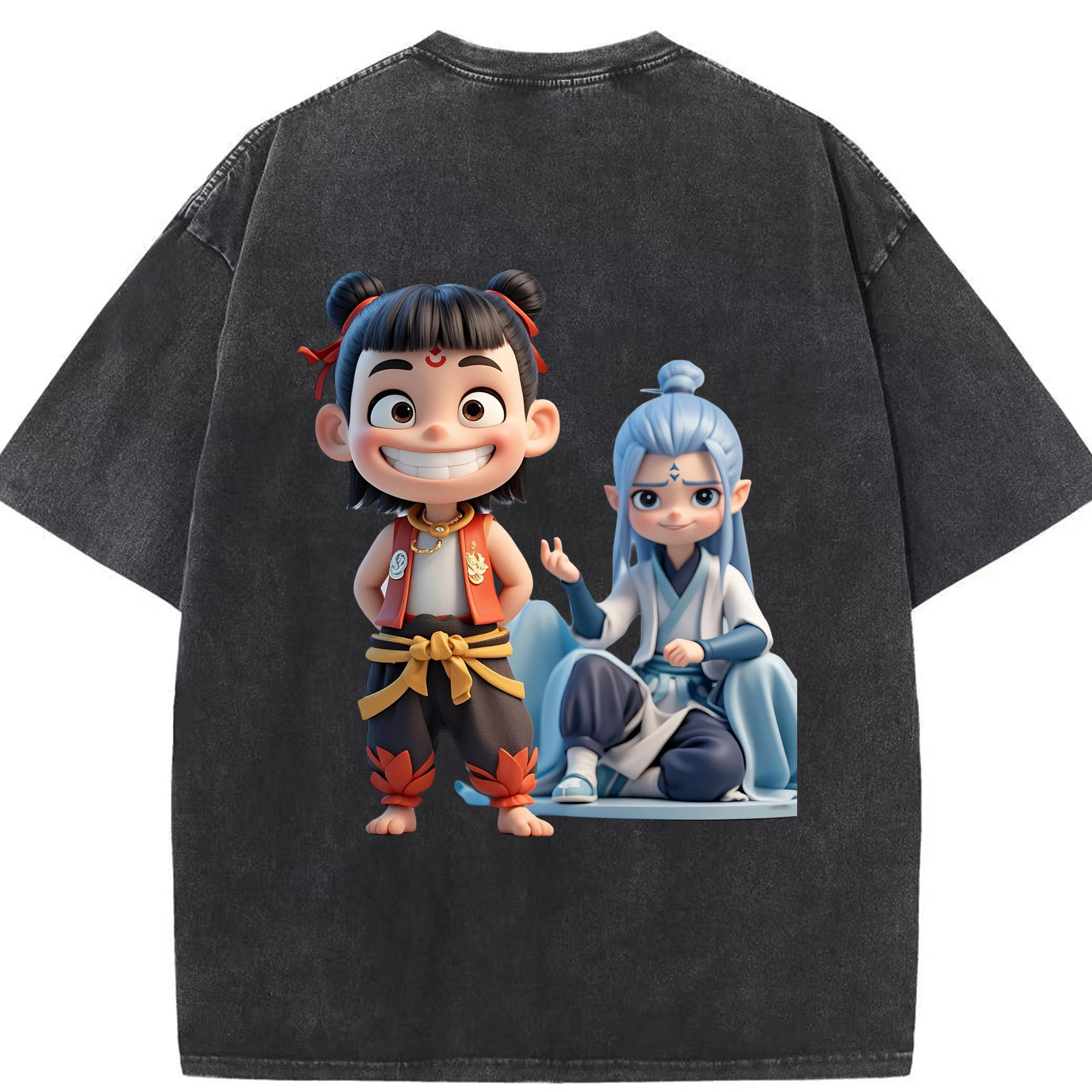 （画像用） Ne Zha 2 ナタ 魔童の大暴れ 綿100% ヴィンテージ風 半袖Tシャツ（背面プリント）