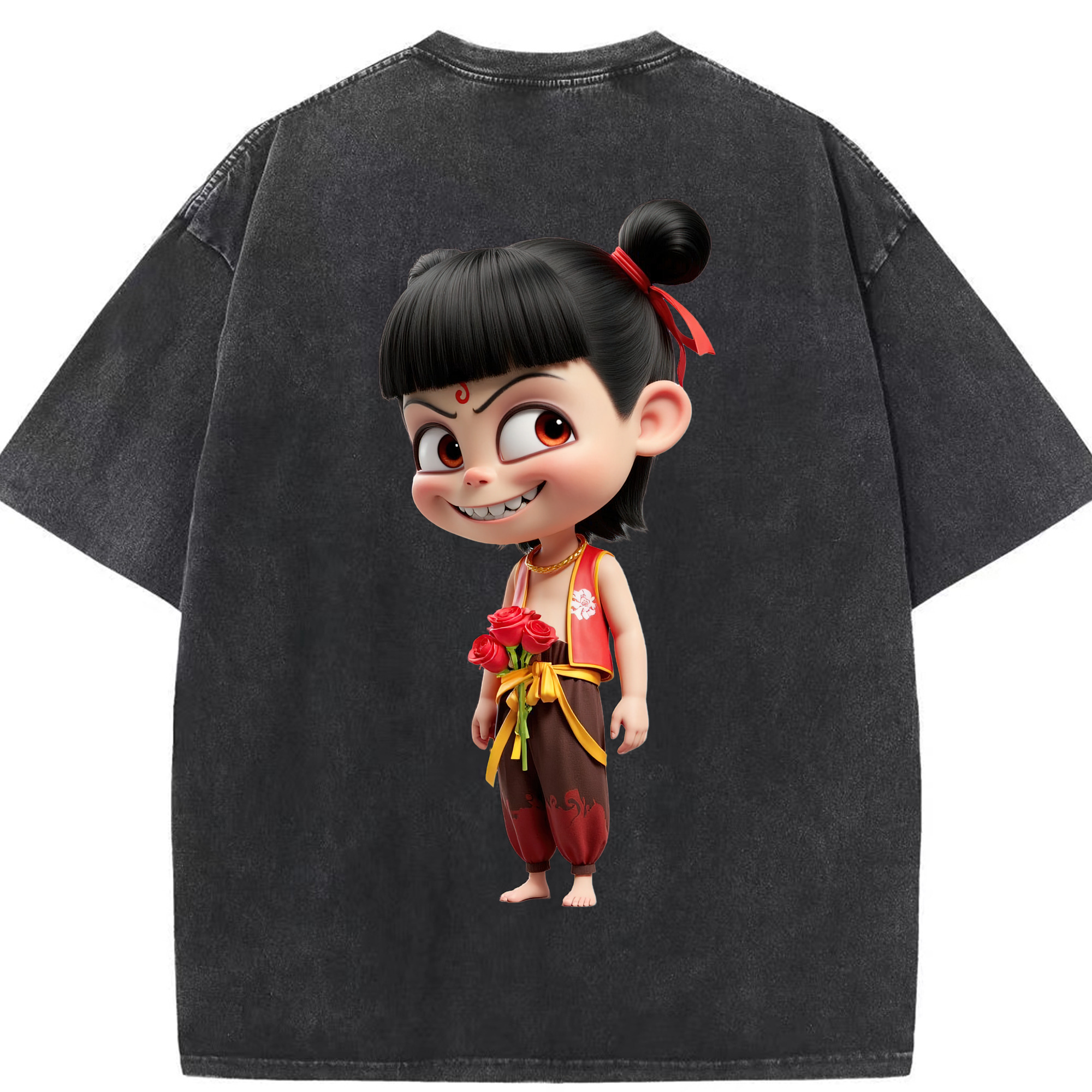 （画像用） Ne Zha 2 ナタ 魔童の大暴れ 綿100% ヴィンテージ風 半袖Tシャツ（背面プリント）