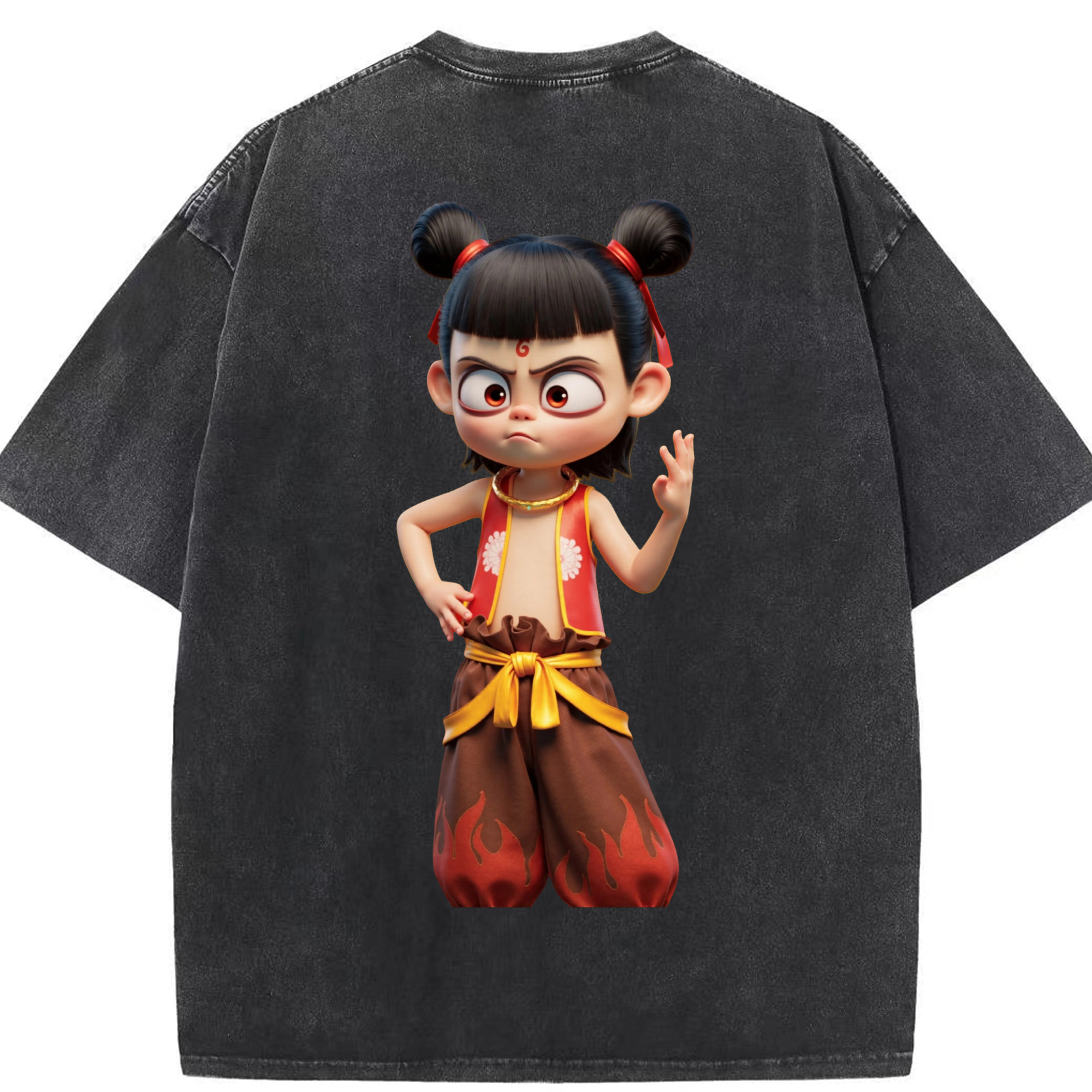（画像用） Ne Zha 2 ナタ 魔童の大暴れ 綿100% ヴィンテージ風 半袖Tシャツ（背面プリント）