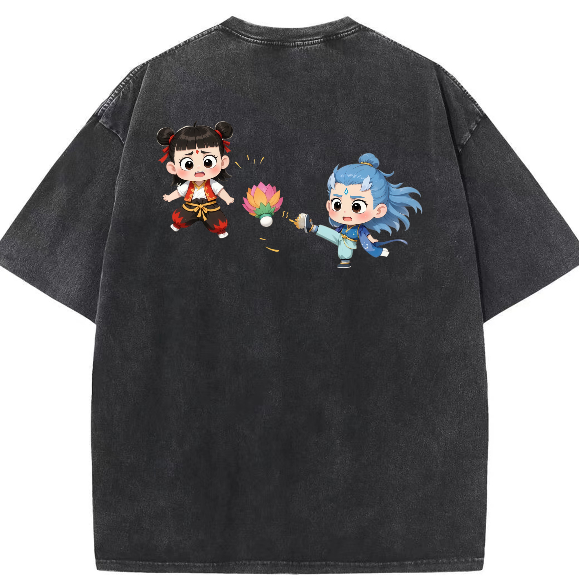 （画像用） Ne Zha 2 ナタ 魔童の大暴れ 綿100% ヴィンテージ風 半袖Tシャツ（背面プリント）