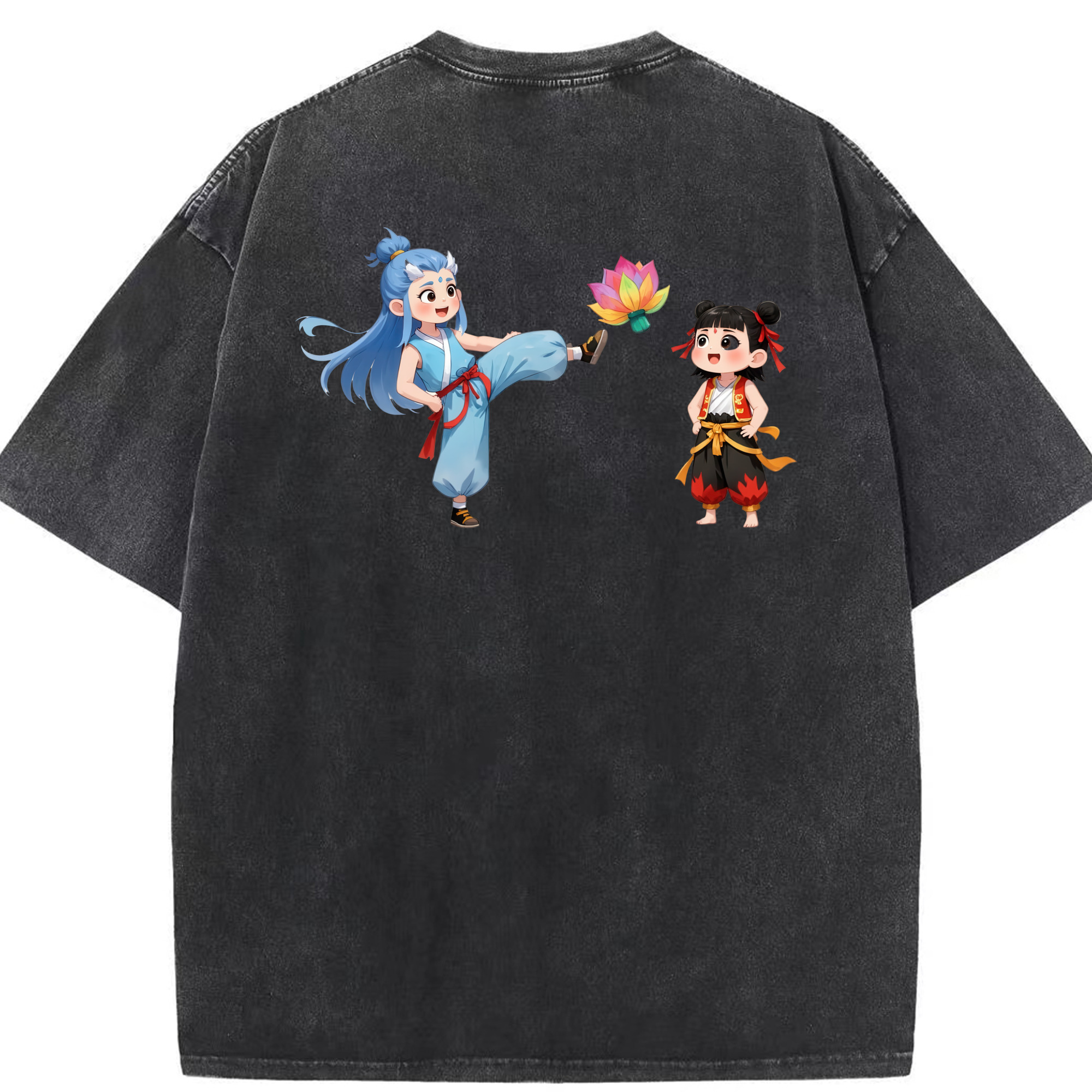 （画像用） Ne Zha 2 ナタ 魔童の大暴れ 綿100% ヴィンテージ風 半袖Tシャツ（背面プリント）