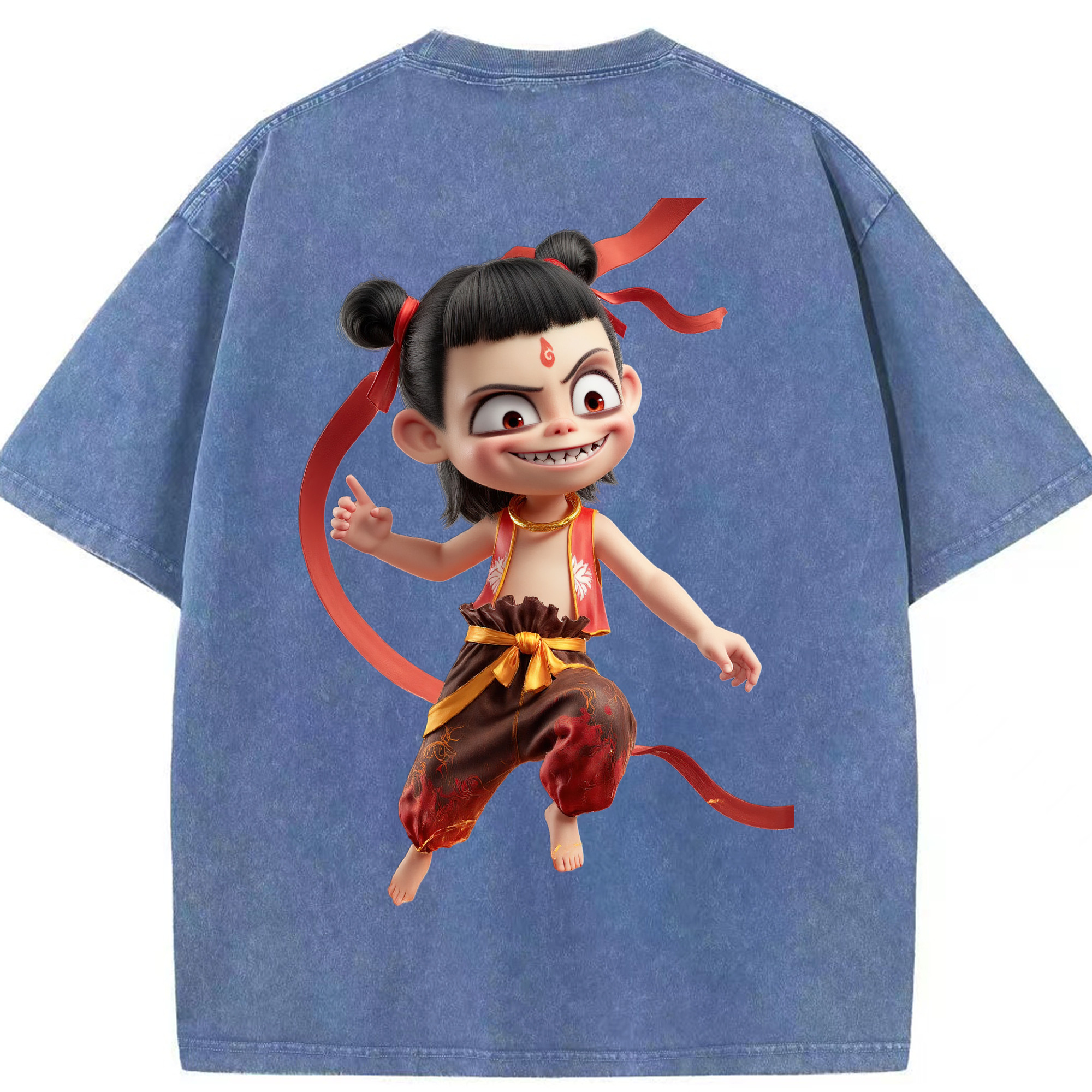 （画像用） Ne Zha 2 ナタ 魔童の大暴れ 綿100% ヴィンテージ風 半袖Tシャツ（背面プリント）