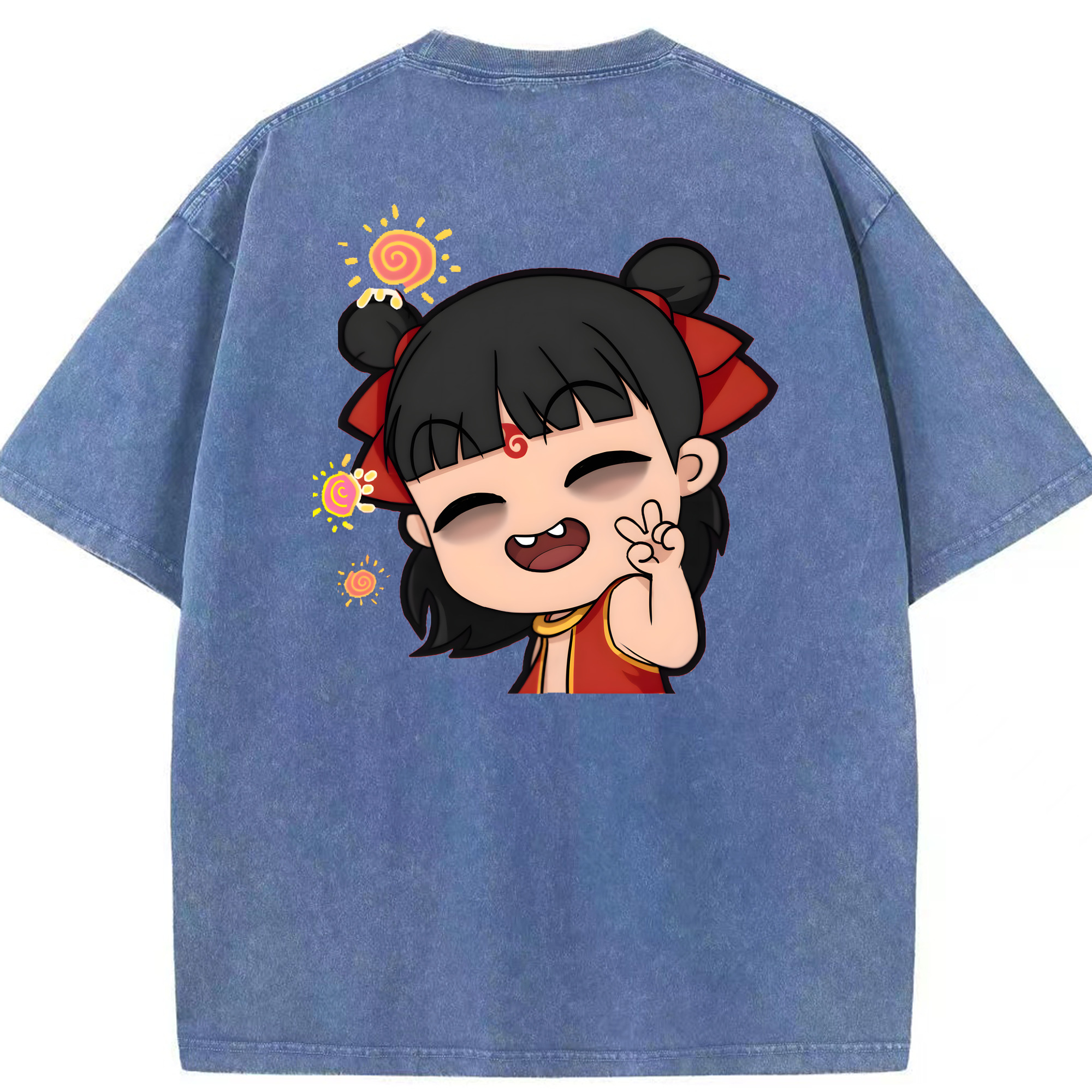 （画像用） Ne Zha 2 ナタ 魔童の大暴れ 綿100% ヴィンテージ風 半袖Tシャツ（背面プリント）