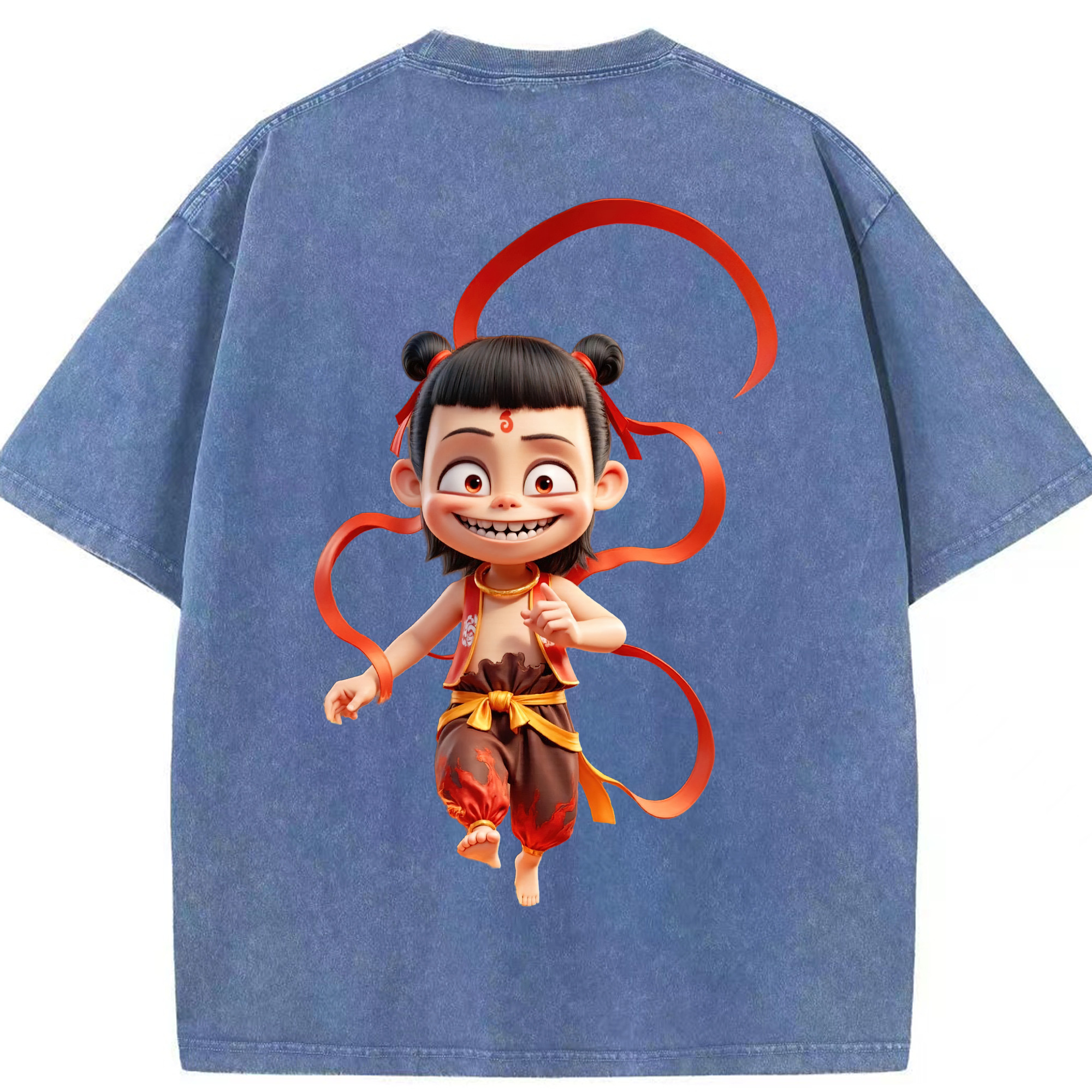 （画像用） Ne Zha 2 ナタ 魔童の大暴れ 綿100% ヴィンテージ風 半袖Tシャツ（背面プリント）
