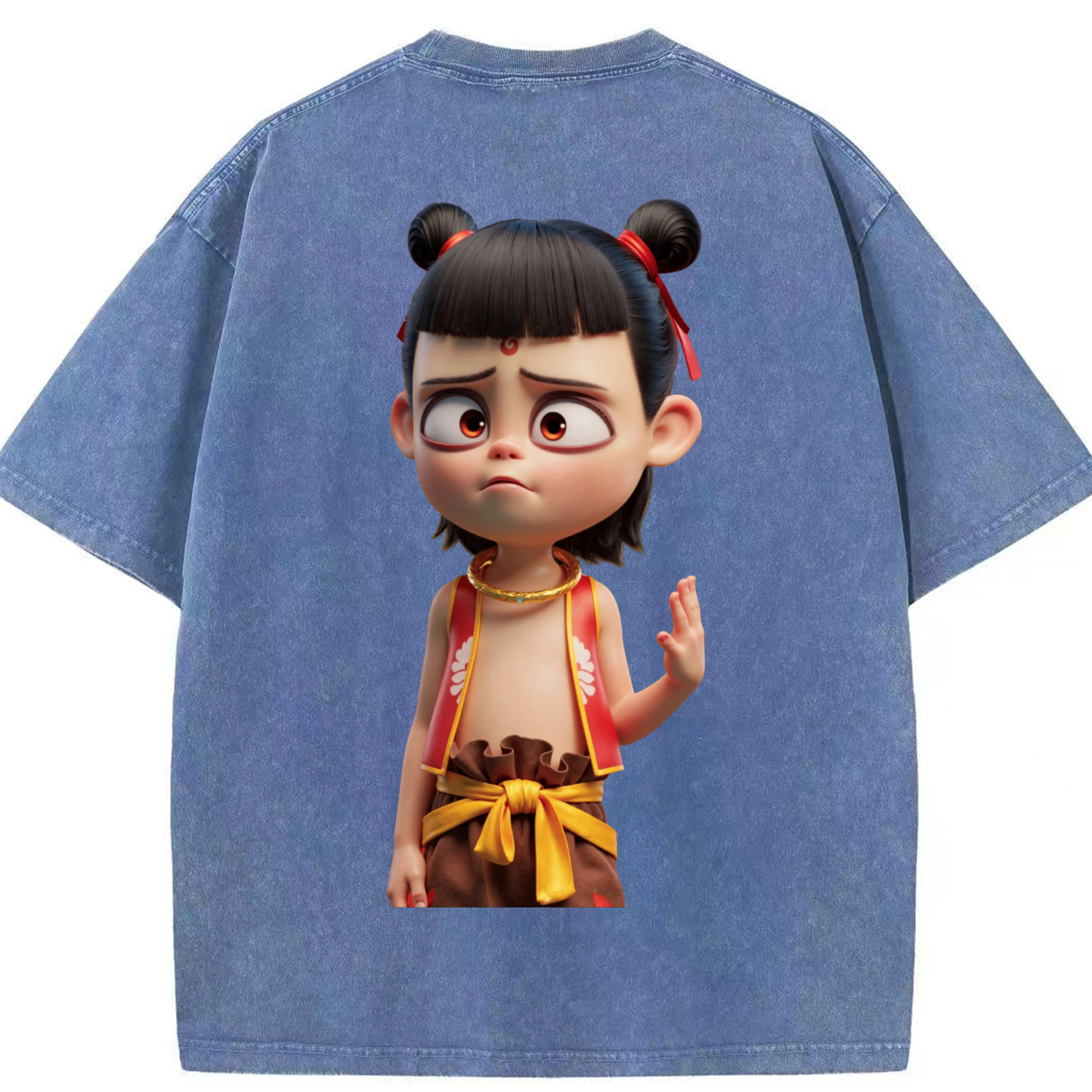 （画像用） Ne Zha 2 ナタ 魔童の大暴れ 綿100% ヴィンテージ風 半袖Tシャツ（背面プリント）