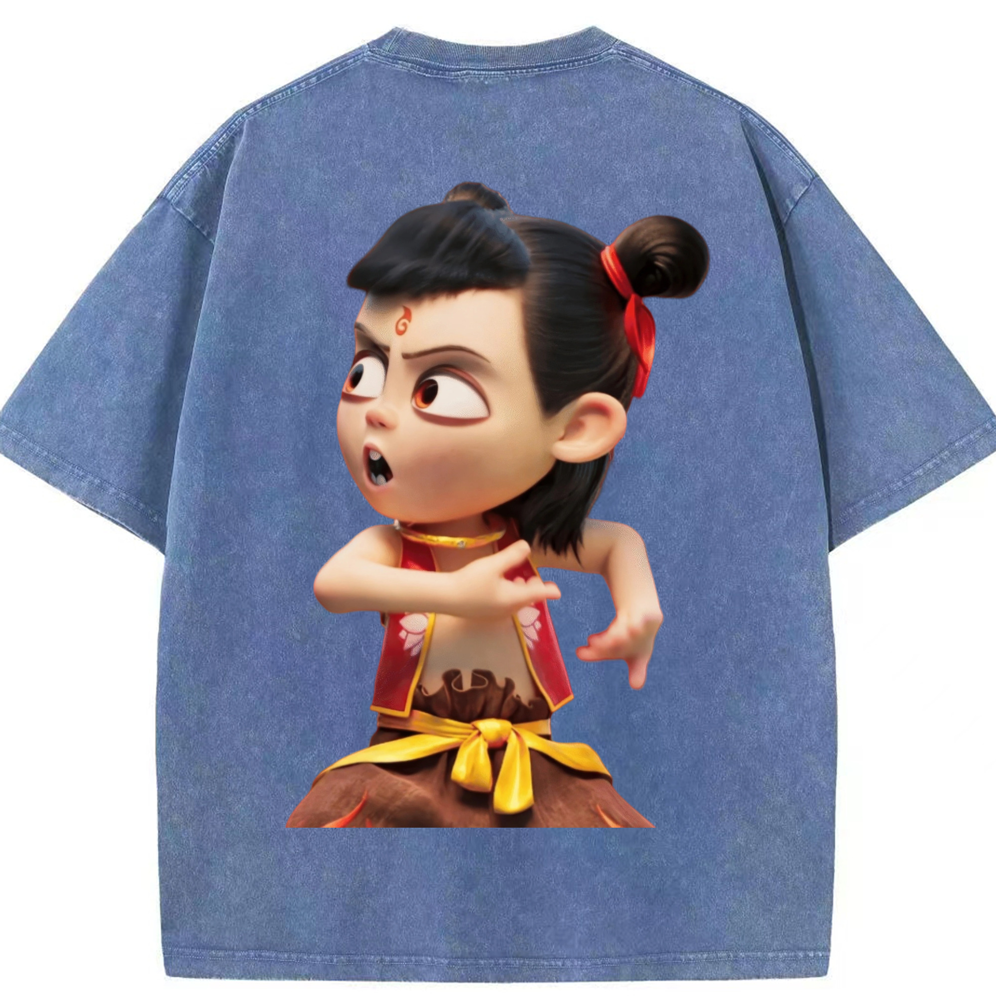 （画像用） Ne Zha 2 ナタ 魔童の大暴れ 綿100% ヴィンテージ風 半袖Tシャツ（背面プリント）