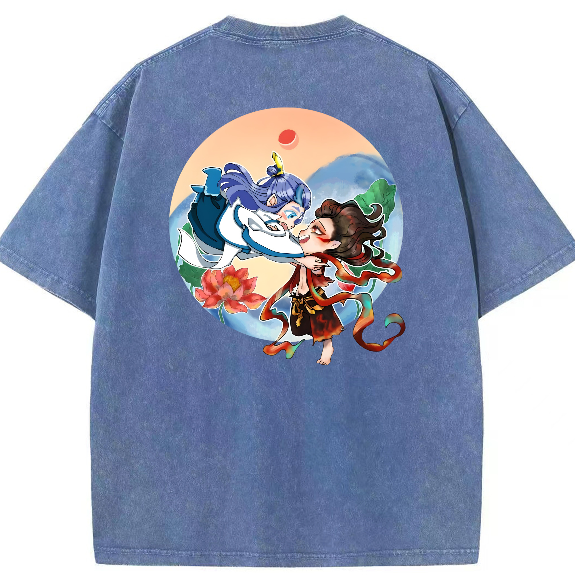 （画像用） Ne Zha 2 ナタ 魔童の大暴れ 綿100% ヴィンテージ風 半袖Tシャツ（背面プリント）