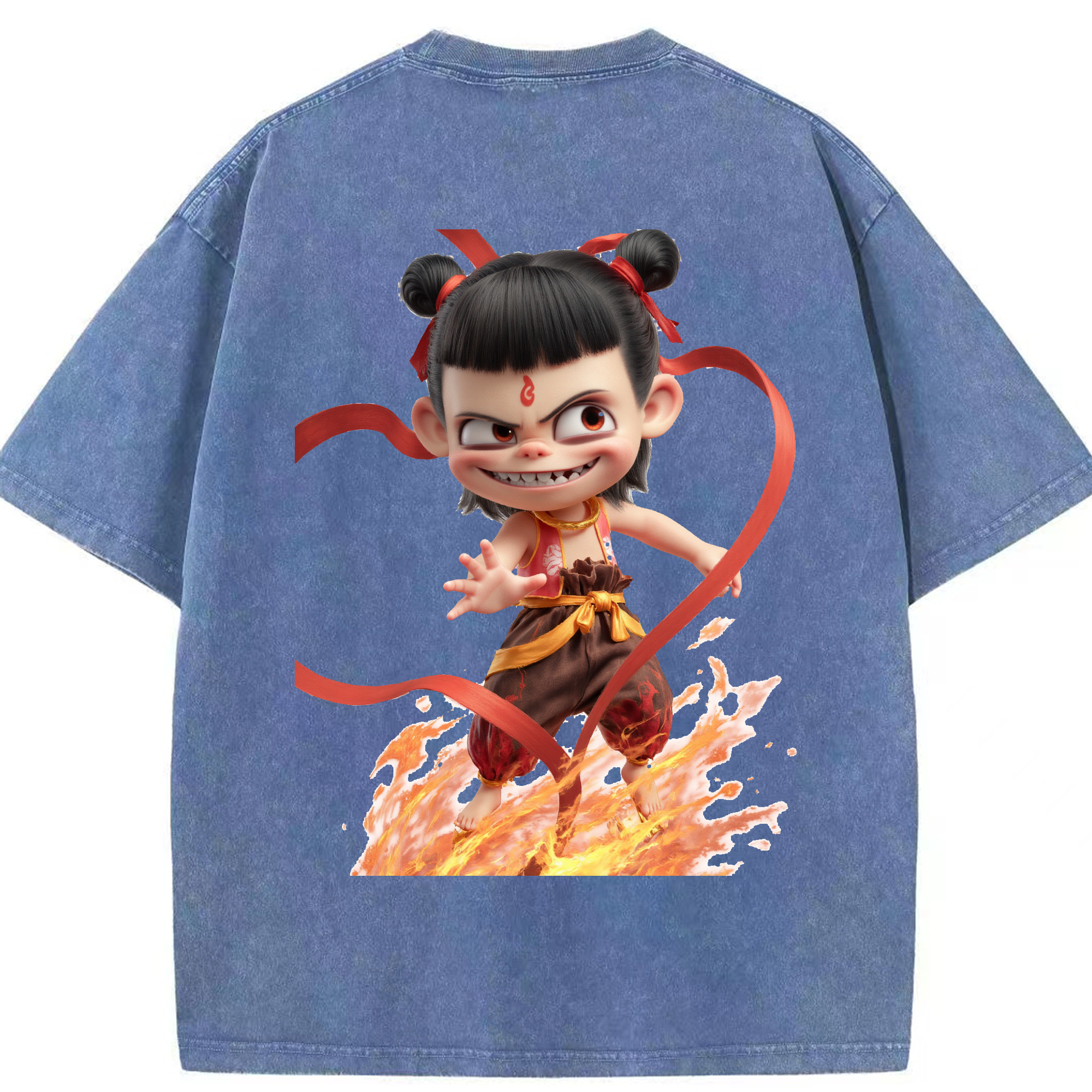 （画像用） Ne Zha 2 ナタ 魔童の大暴れ 綿100% ヴィンテージ風 半袖Tシャツ（背面プリント）