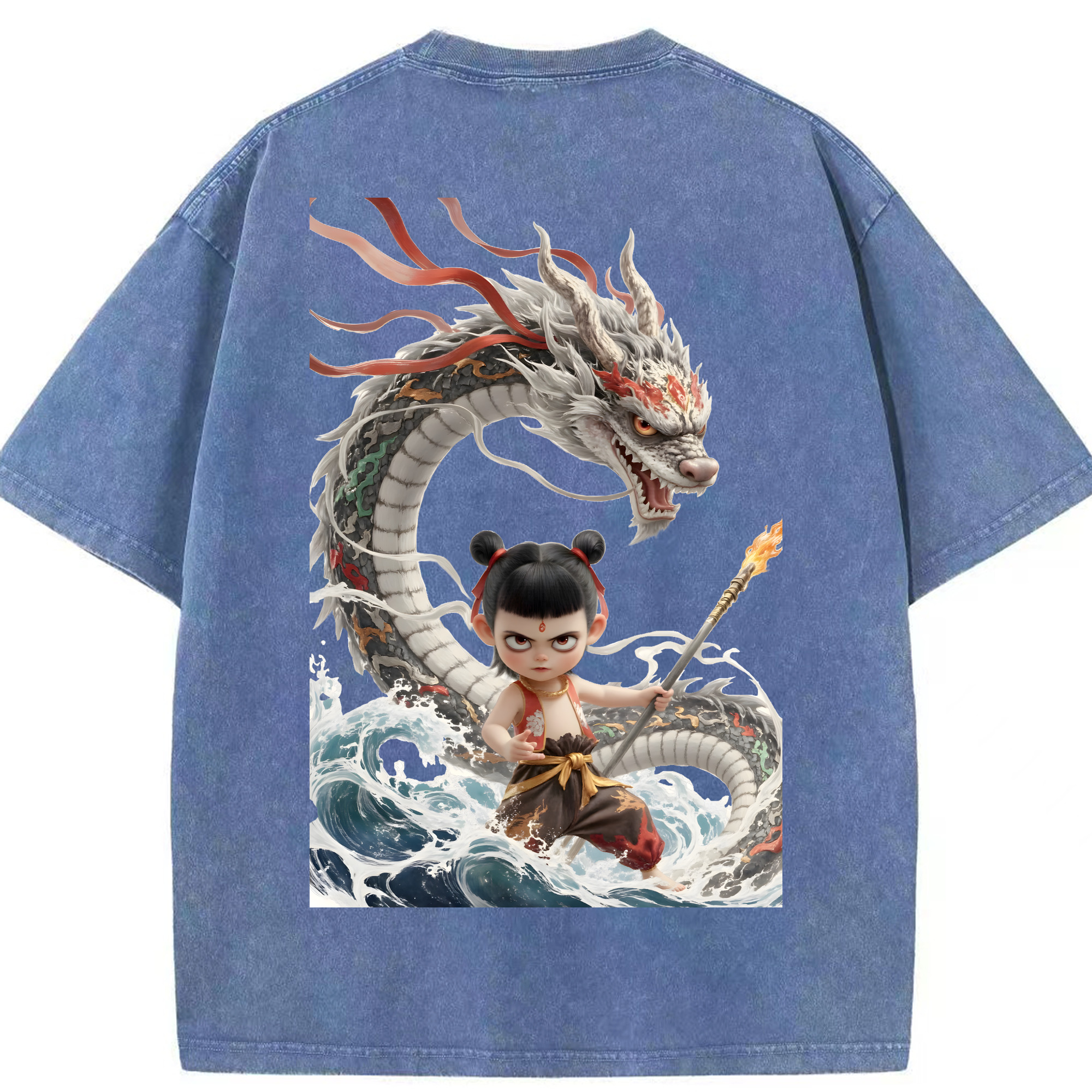 （画像用） Ne Zha 2 ナタ 魔童の大暴れ 綿100% ヴィンテージ風 半袖Tシャツ（背面プリント）