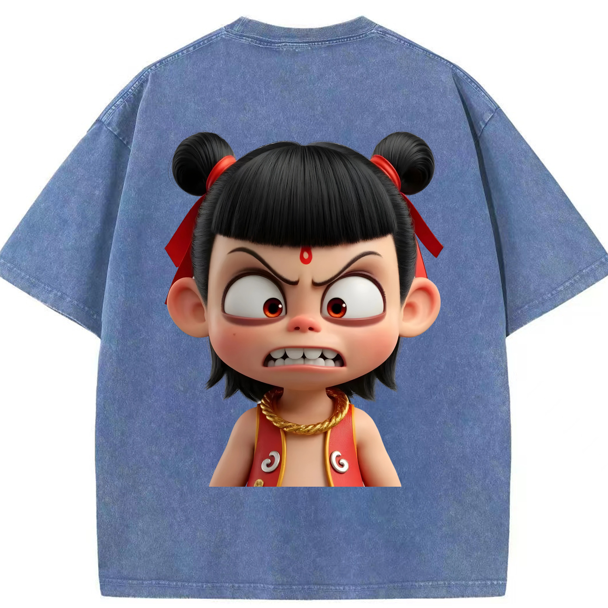 （画像用） Ne Zha 2 ナタ 魔童の大暴れ 綿100% ヴィンテージ風 半袖Tシャツ（背面プリント）