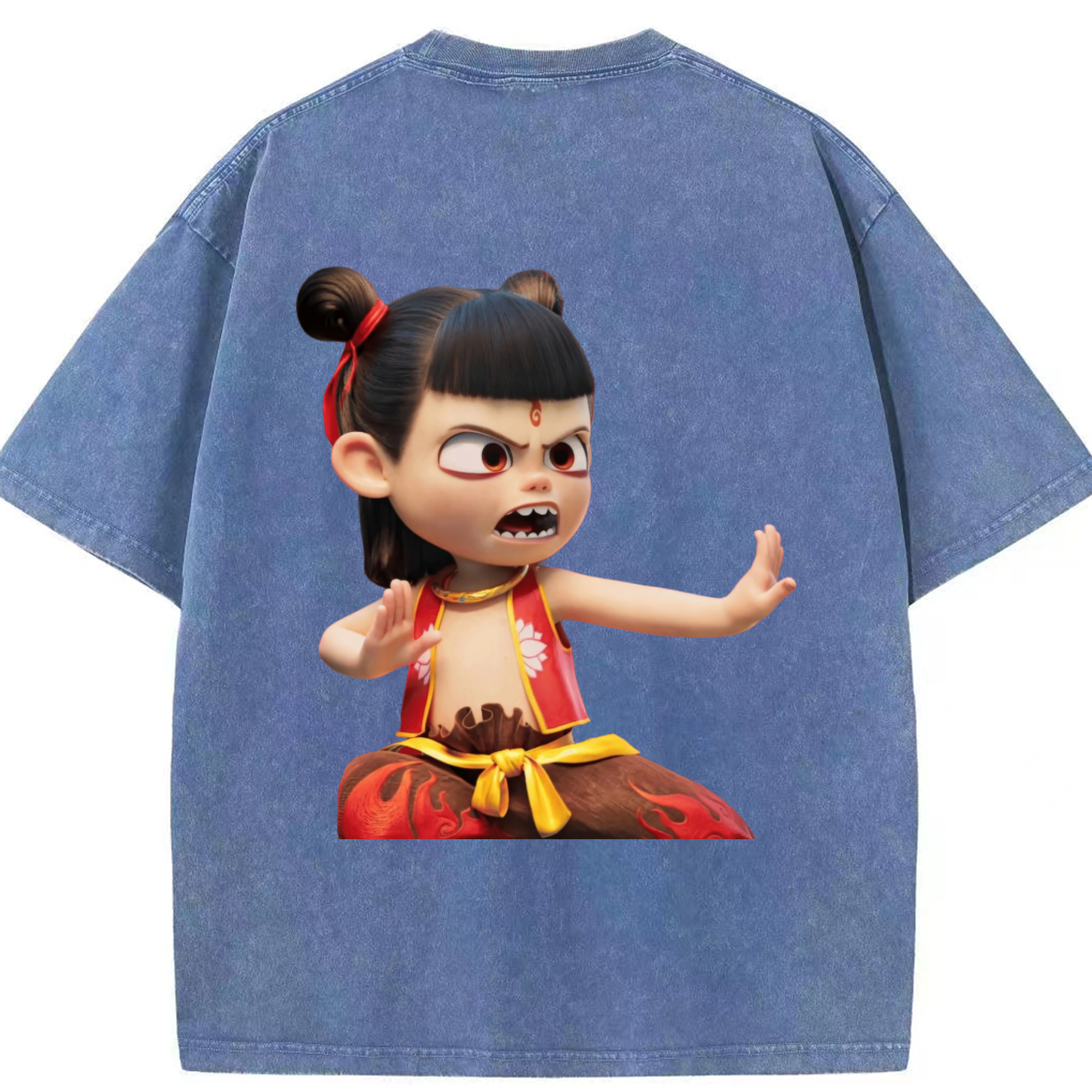 （画像用） Ne Zha 2 ナタ 魔童の大暴れ 綿100% ヴィンテージ風 半袖Tシャツ（背面プリント）