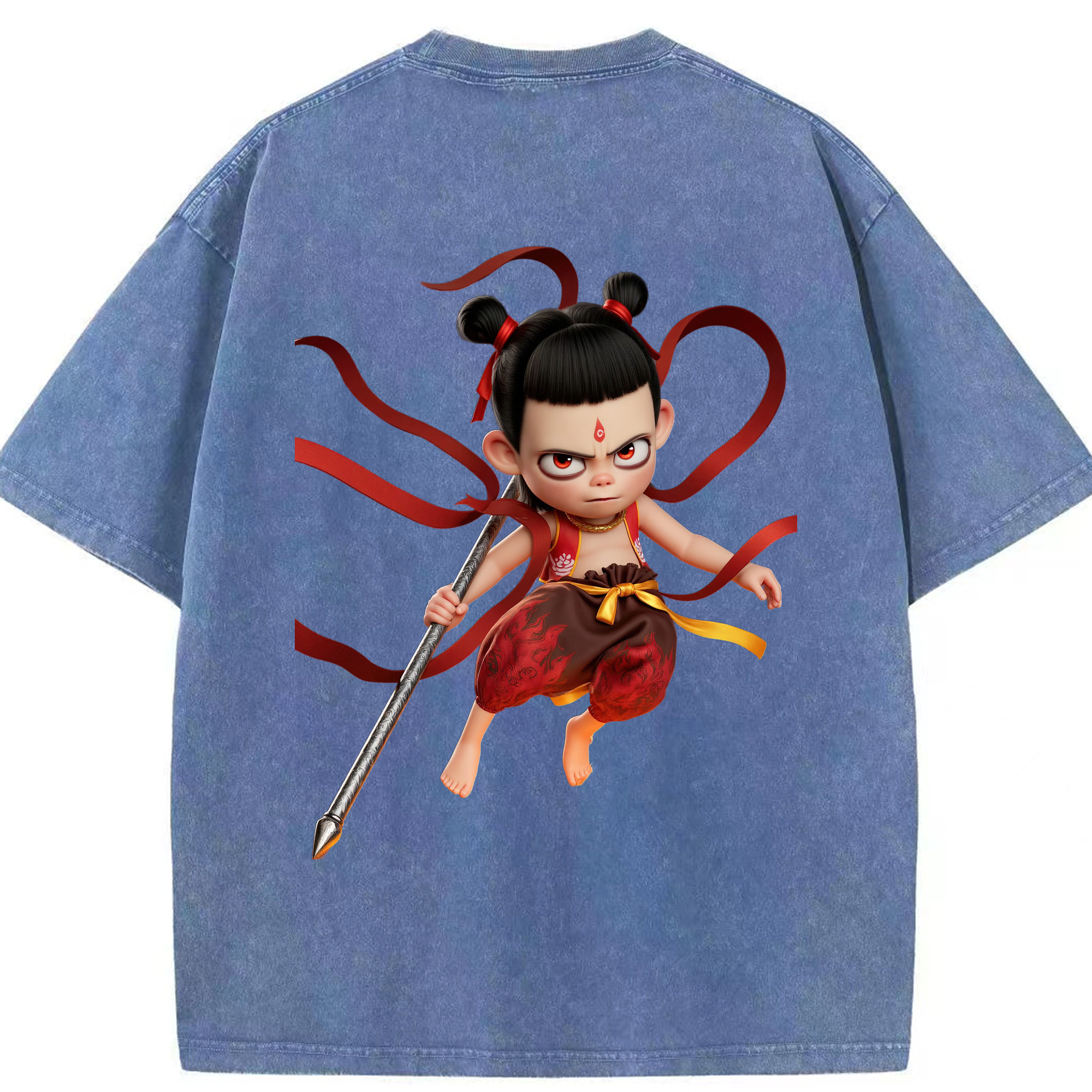 （画像用） Ne Zha 2 ナタ 魔童の大暴れ 綿100% ヴィンテージ風 半袖Tシャツ（背面プリント）