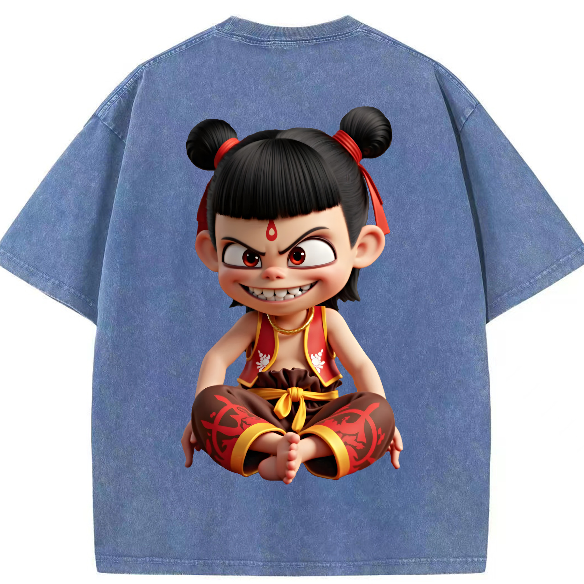 （画像用） Ne Zha 2 ナタ 魔童の大暴れ 綿100% ヴィンテージ風 半袖Tシャツ（背面プリント）