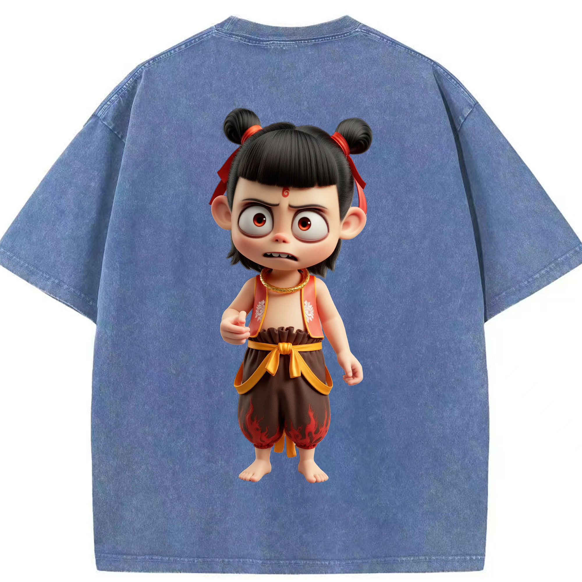 （画像用） Ne Zha 2 ナタ 魔童の大暴れ 綿100% ヴィンテージ風 半袖Tシャツ（背面プリント）