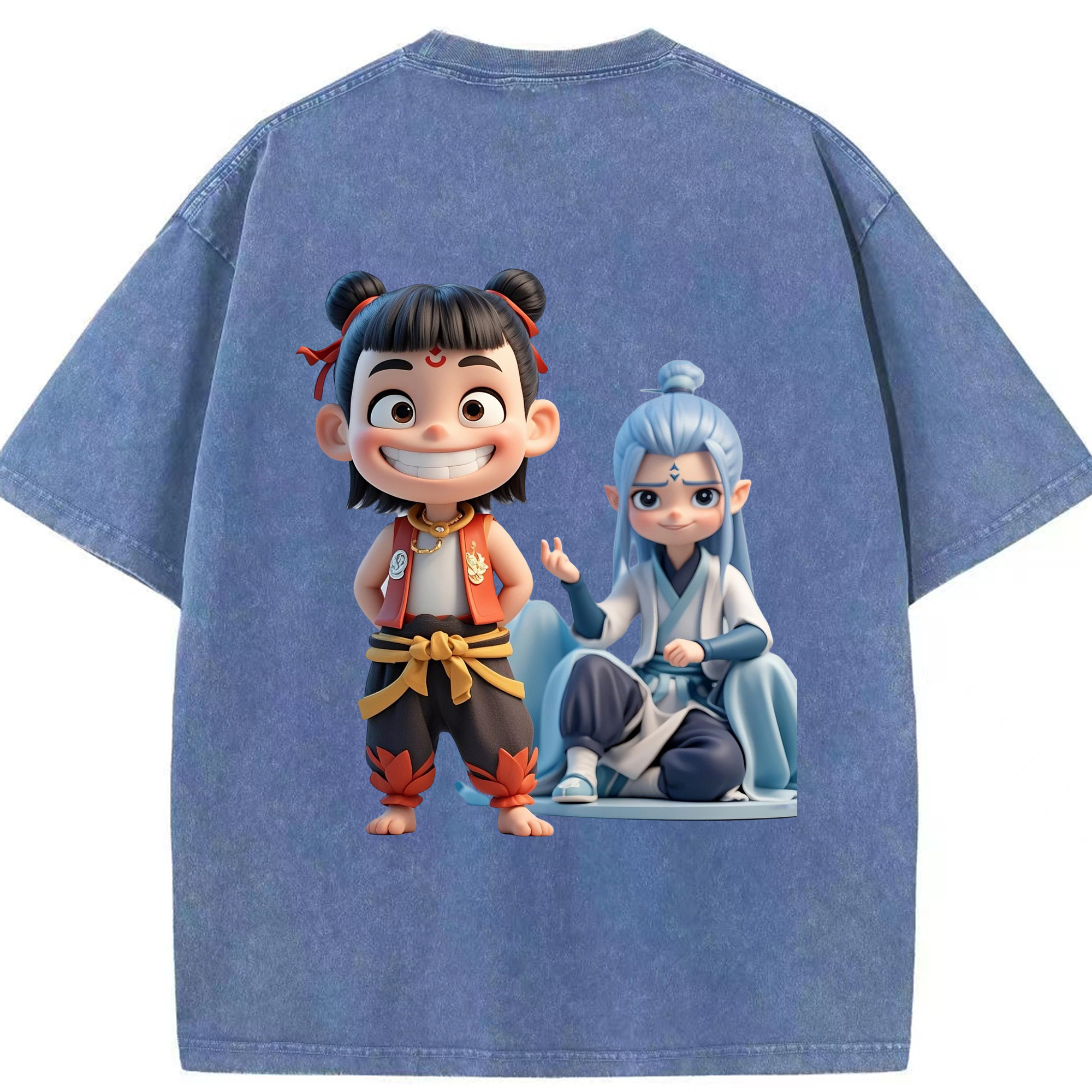 （画像用） Ne Zha 2 ナタ 魔童の大暴れ 綿100% ヴィンテージ風 半袖Tシャツ（背面プリント）