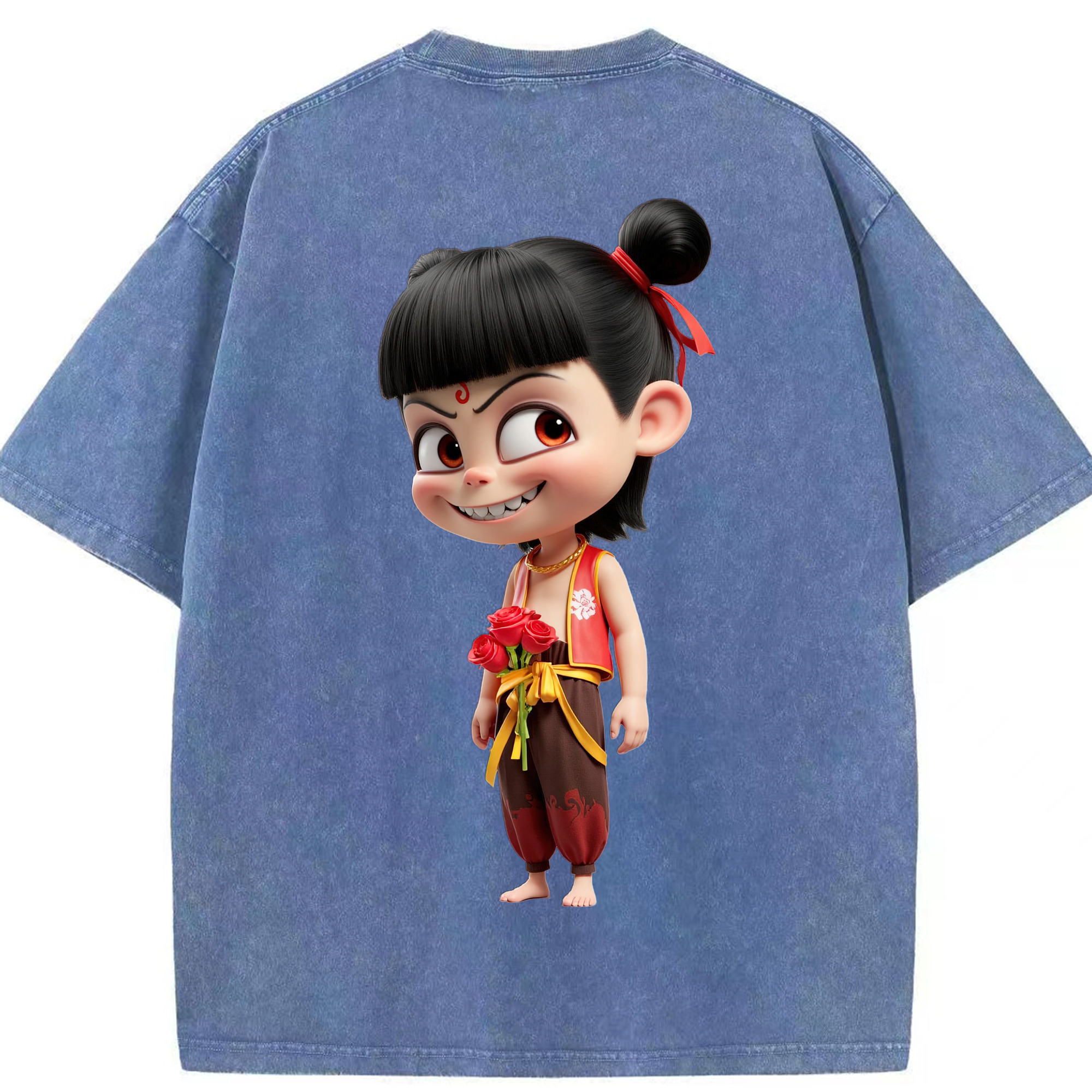 （画像用） Ne Zha 2 ナタ 魔童の大暴れ 綿100% ヴィンテージ風 半袖Tシャツ（背面プリント）