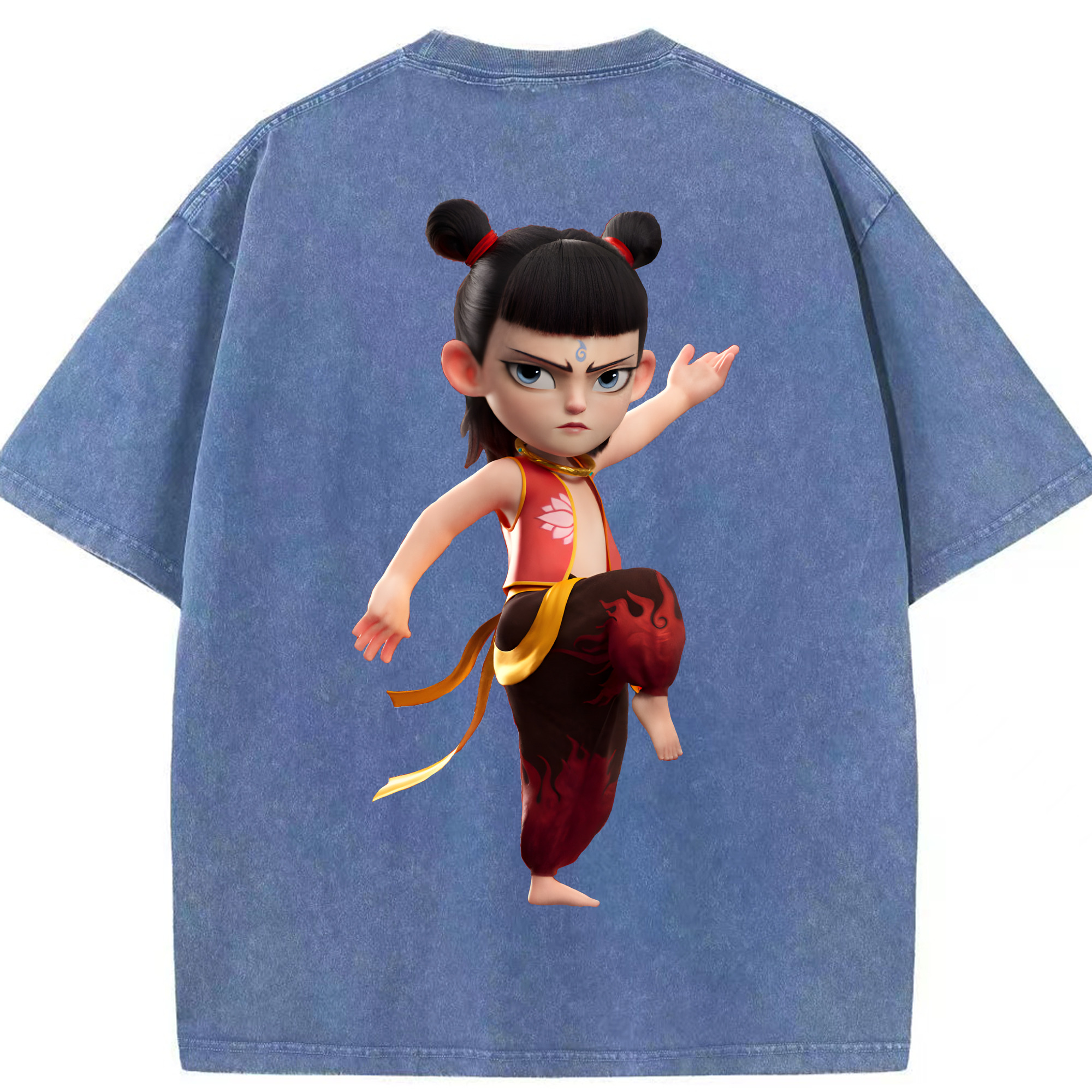 （画像用） Ne Zha 2 ナタ 魔童の大暴れ 綿100% ヴィンテージ風 半袖Tシャツ（背面プリント）