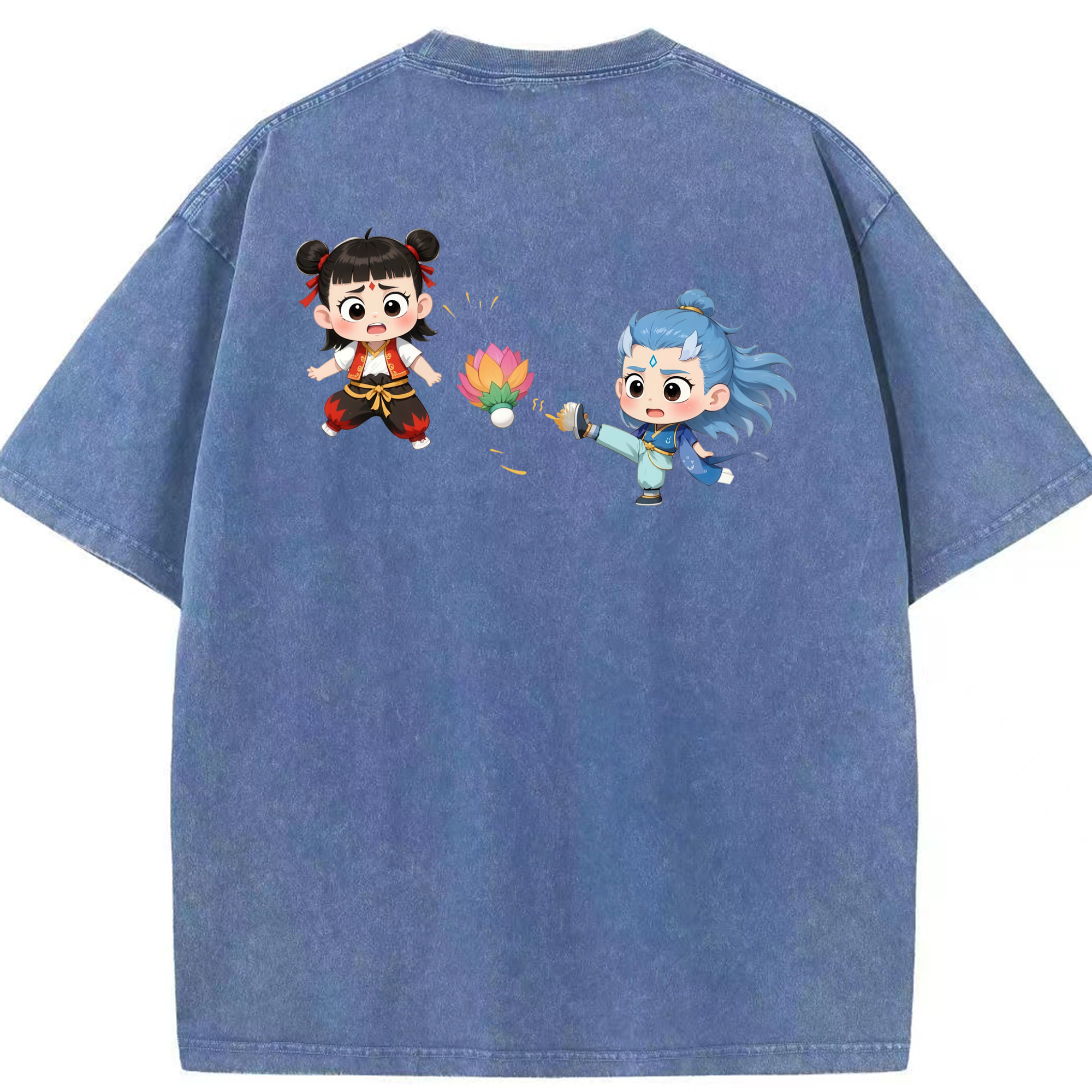 （画像用） Ne Zha 2 ナタ 魔童の大暴れ 綿100% ヴィンテージ風 半袖Tシャツ（背面プリント）