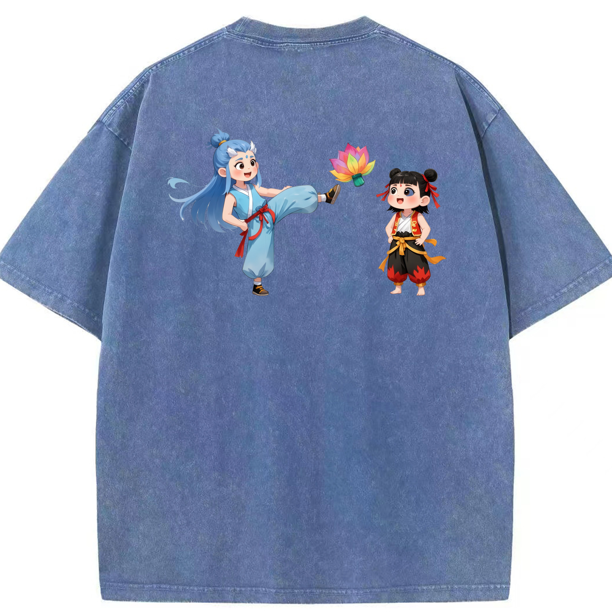 （画像用） Ne Zha 2 ナタ 魔童の大暴れ 綿100% ヴィンテージ風 半袖Tシャツ（背面プリント）