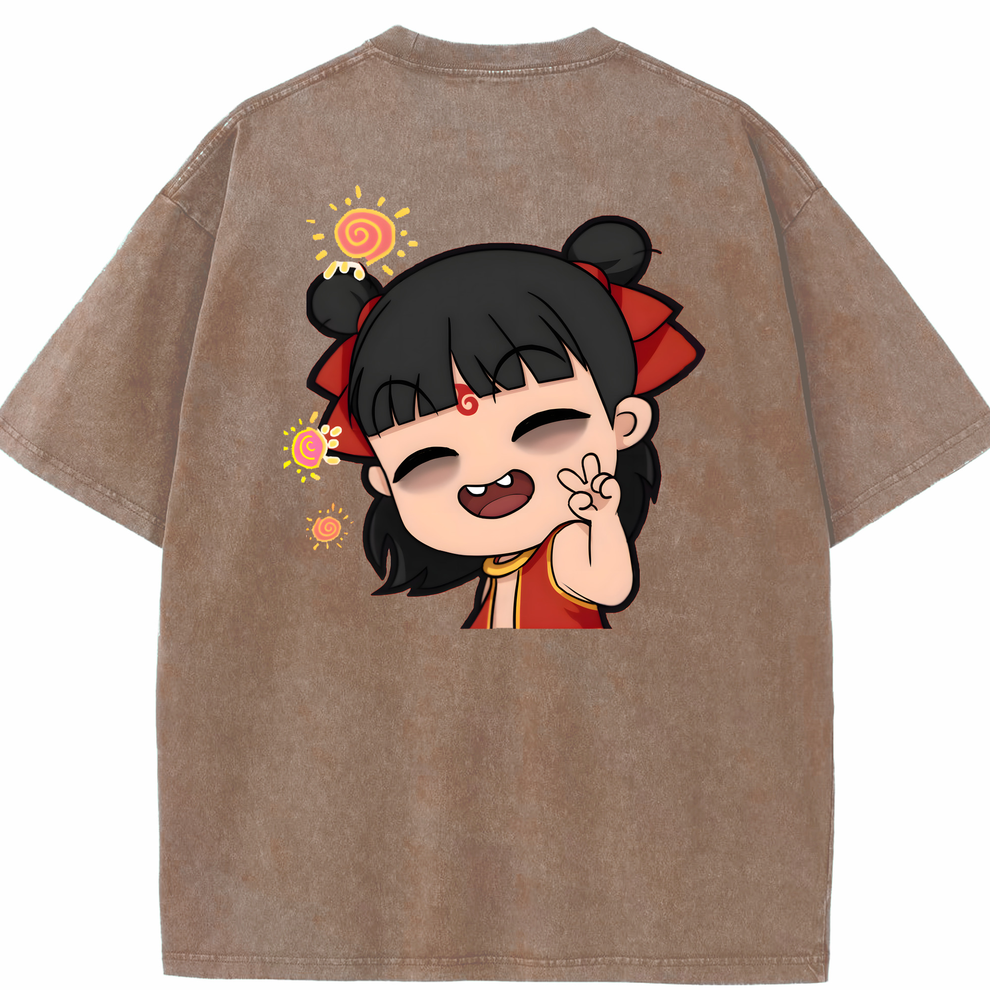 （画像用） Ne Zha 2 ナタ 魔童の大暴れ 綿100% ヴィンテージ風 半袖Tシャツ（背面プリント）