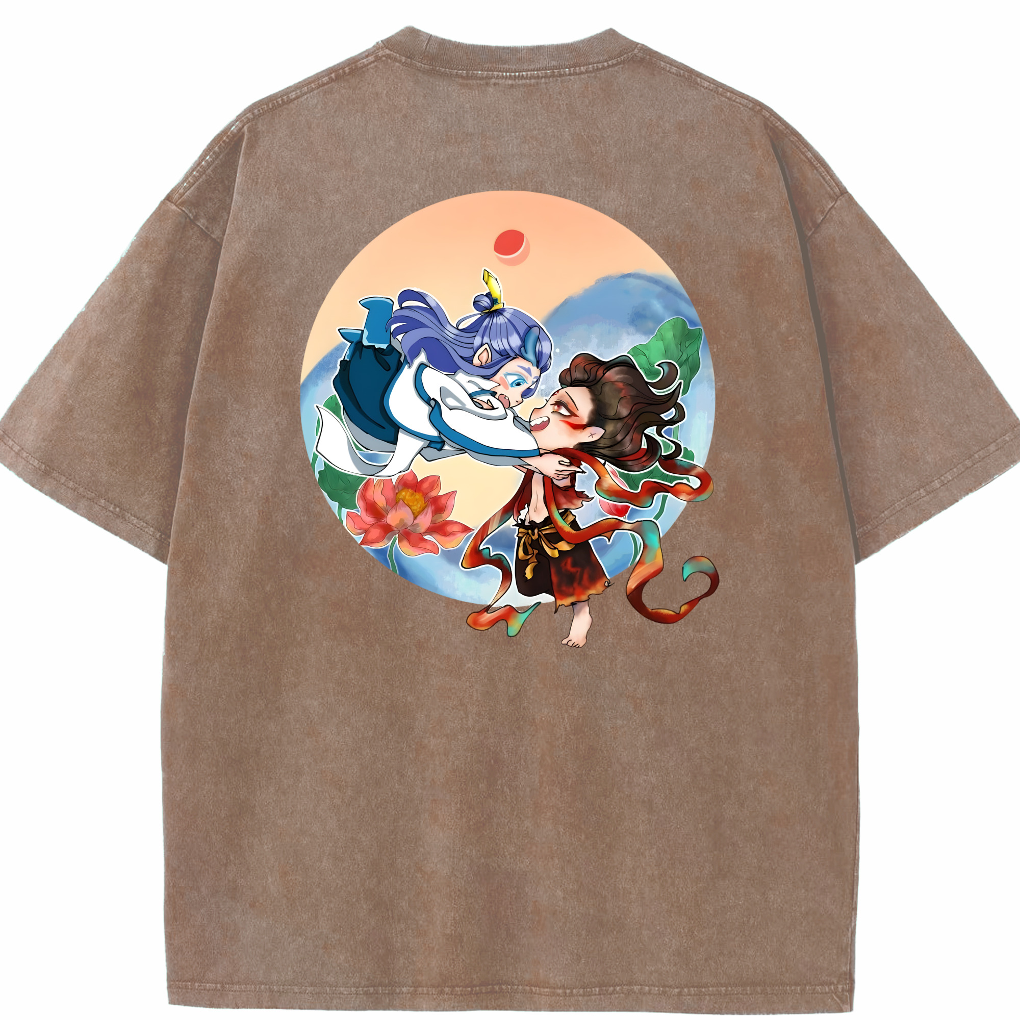 （画像用） Ne Zha 2 ナタ 魔童の大暴れ 綿100% ヴィンテージ風 半袖Tシャツ（背面プリント）