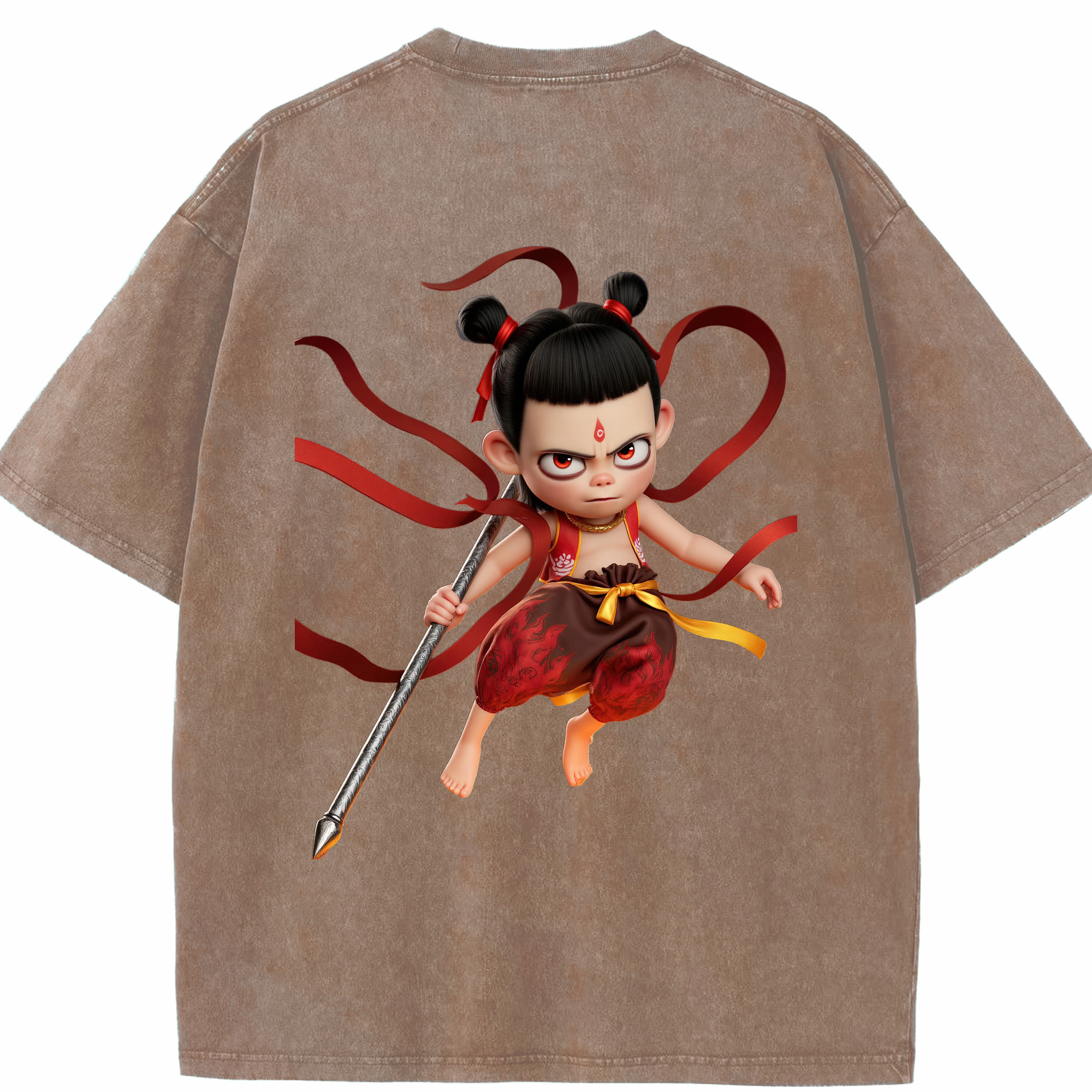 （画像用） Ne Zha 2 ナタ 魔童の大暴れ 綿100% ヴィンテージ風 半袖Tシャツ（背面プリント）