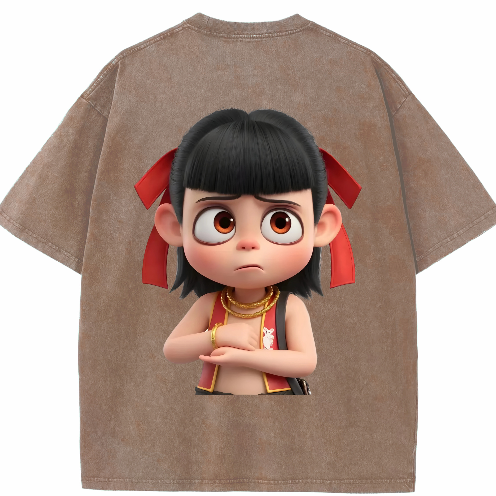 （画像用） Ne Zha 2 ナタ 魔童の大暴れ 綿100% ヴィンテージ風 半袖Tシャツ（背面プリント）