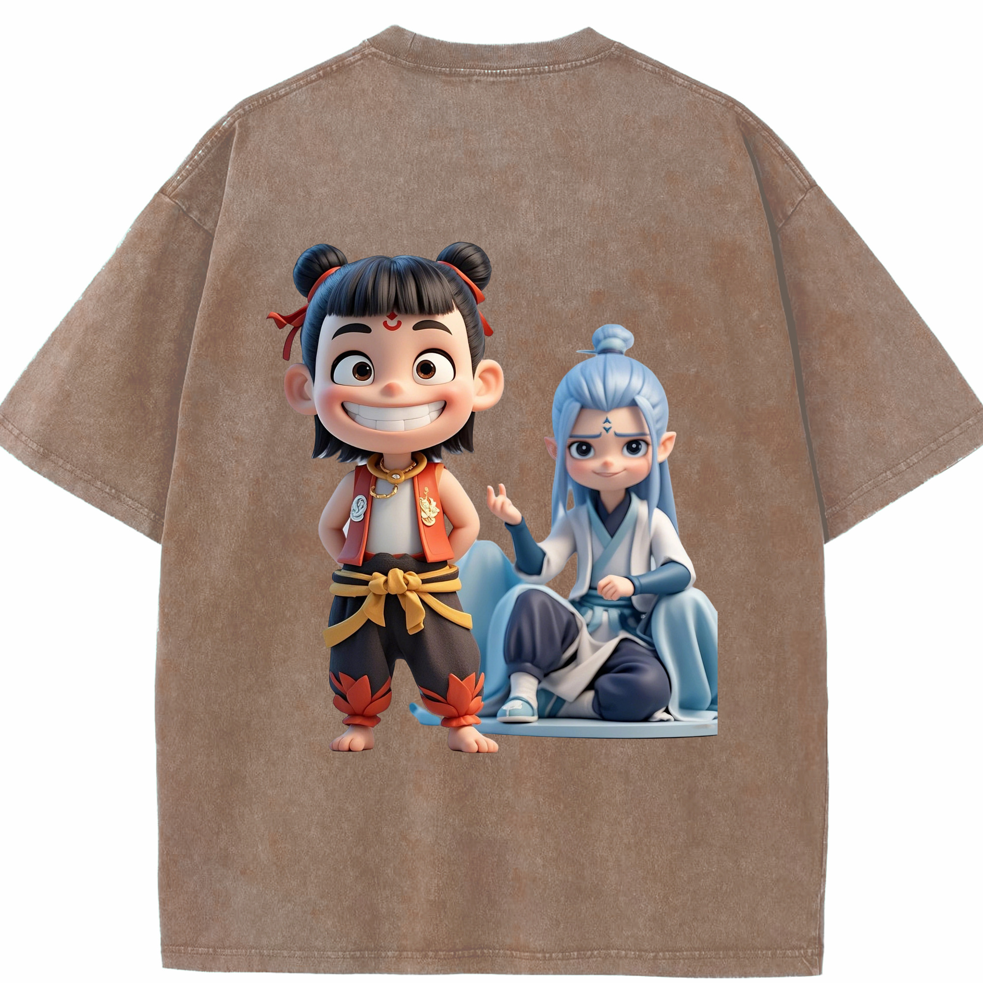 （画像用） Ne Zha 2 ナタ 魔童の大暴れ 綿100% ヴィンテージ風 半袖Tシャツ（背面プリント）