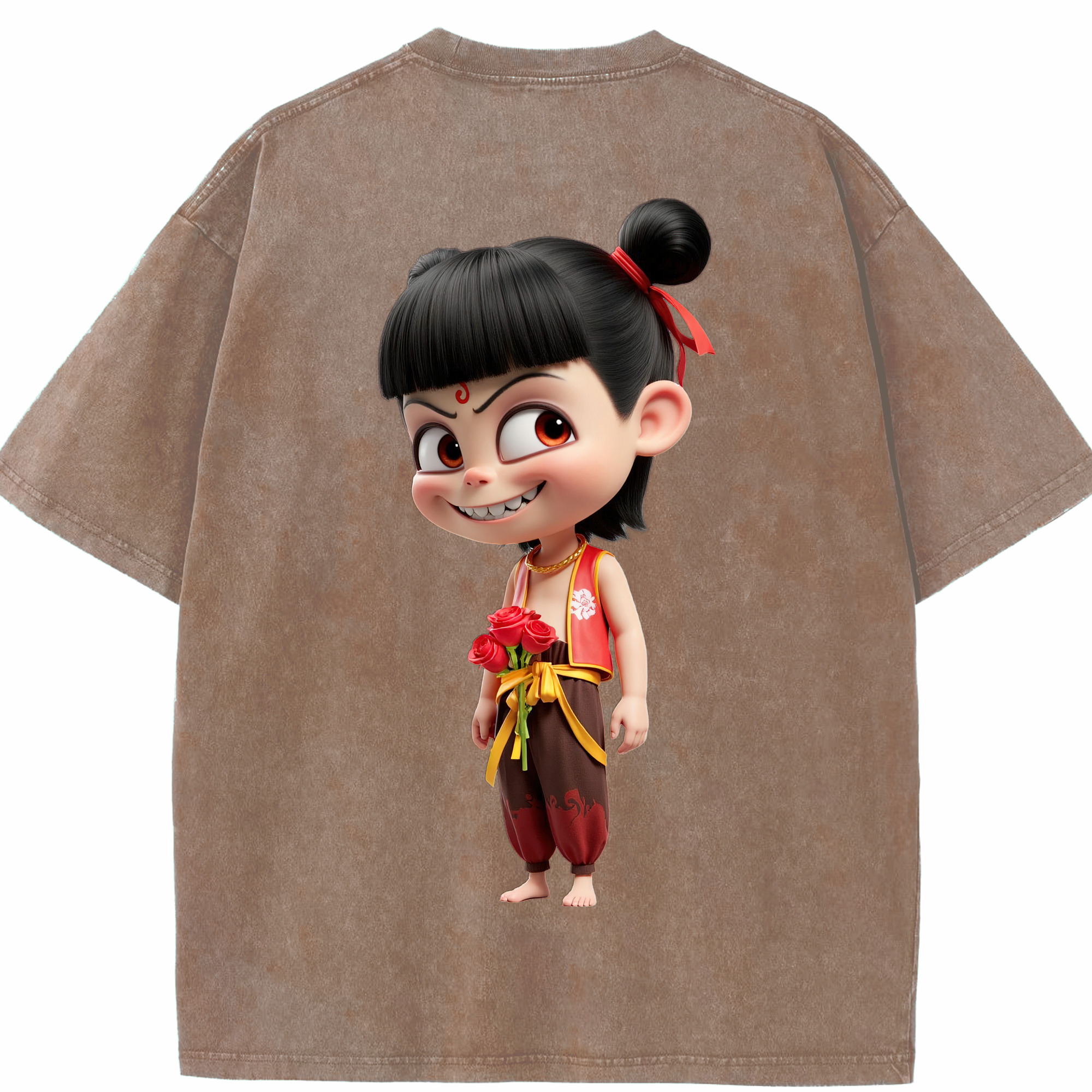 （画像用） Ne Zha 2 ナタ 魔童の大暴れ 綿100% ヴィンテージ風 半袖Tシャツ（背面プリント）