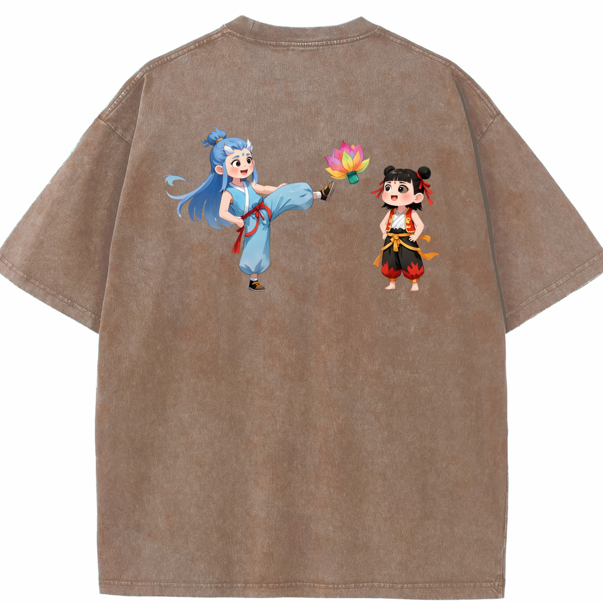 （画像用） Ne Zha 2 ナタ 魔童の大暴れ 綿100% ヴィンテージ風 半袖Tシャツ（背面プリント）