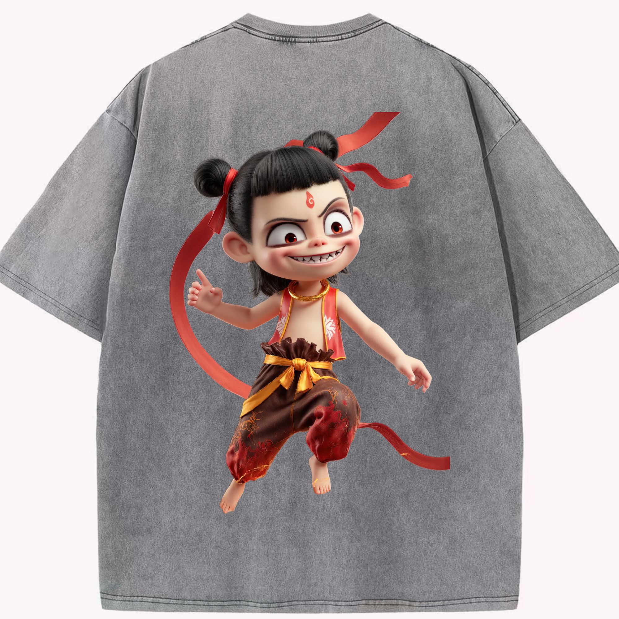 （画像用） Ne Zha 2 ナタ 魔童の大暴れ 綿100% ヴィンテージ風 半袖Tシャツ（背面プリント）