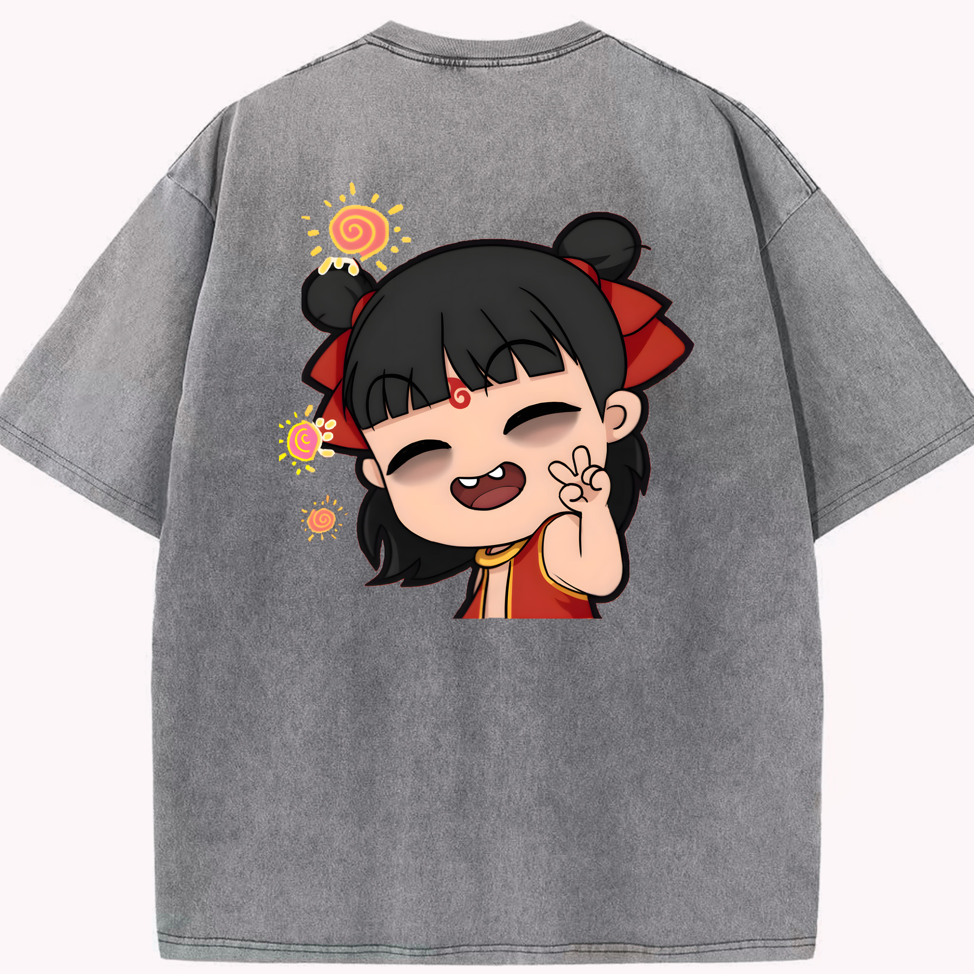 （画像用） Ne Zha 2 ナタ 魔童の大暴れ 綿100% ヴィンテージ風 半袖Tシャツ（背面プリント）