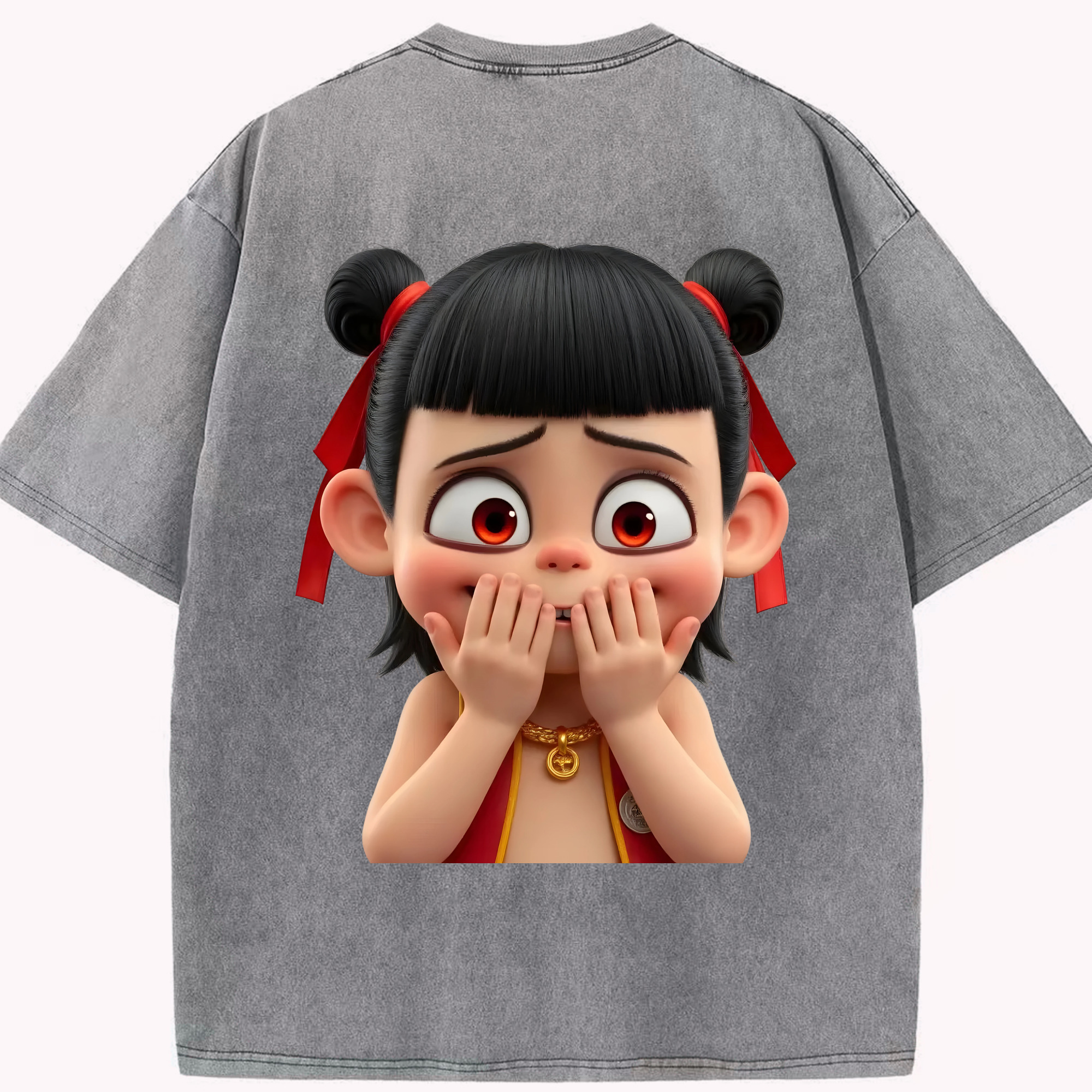 （画像用） Ne Zha 2 ナタ 魔童の大暴れ 綿100% ヴィンテージ風 半袖Tシャツ（背面プリント）