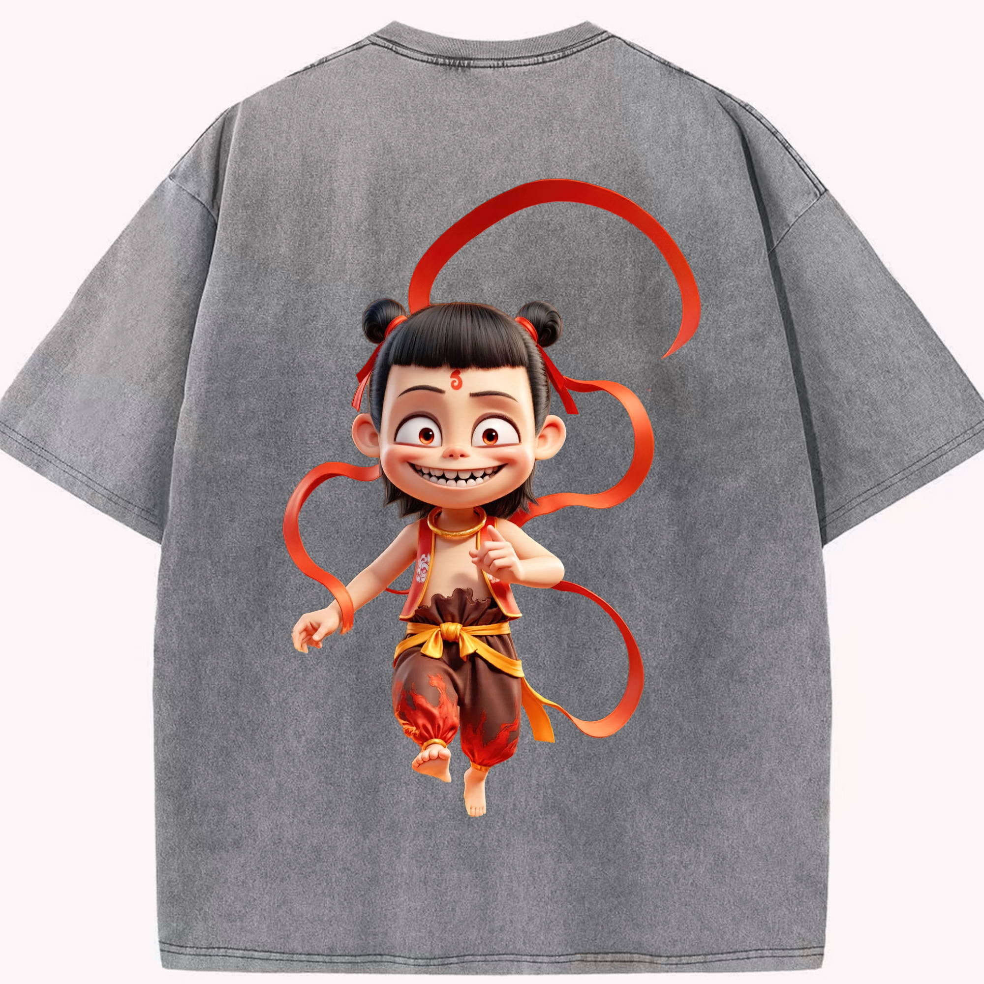 （画像用） Ne Zha 2 ナタ 魔童の大暴れ 綿100% ヴィンテージ風 半袖Tシャツ（背面プリント）