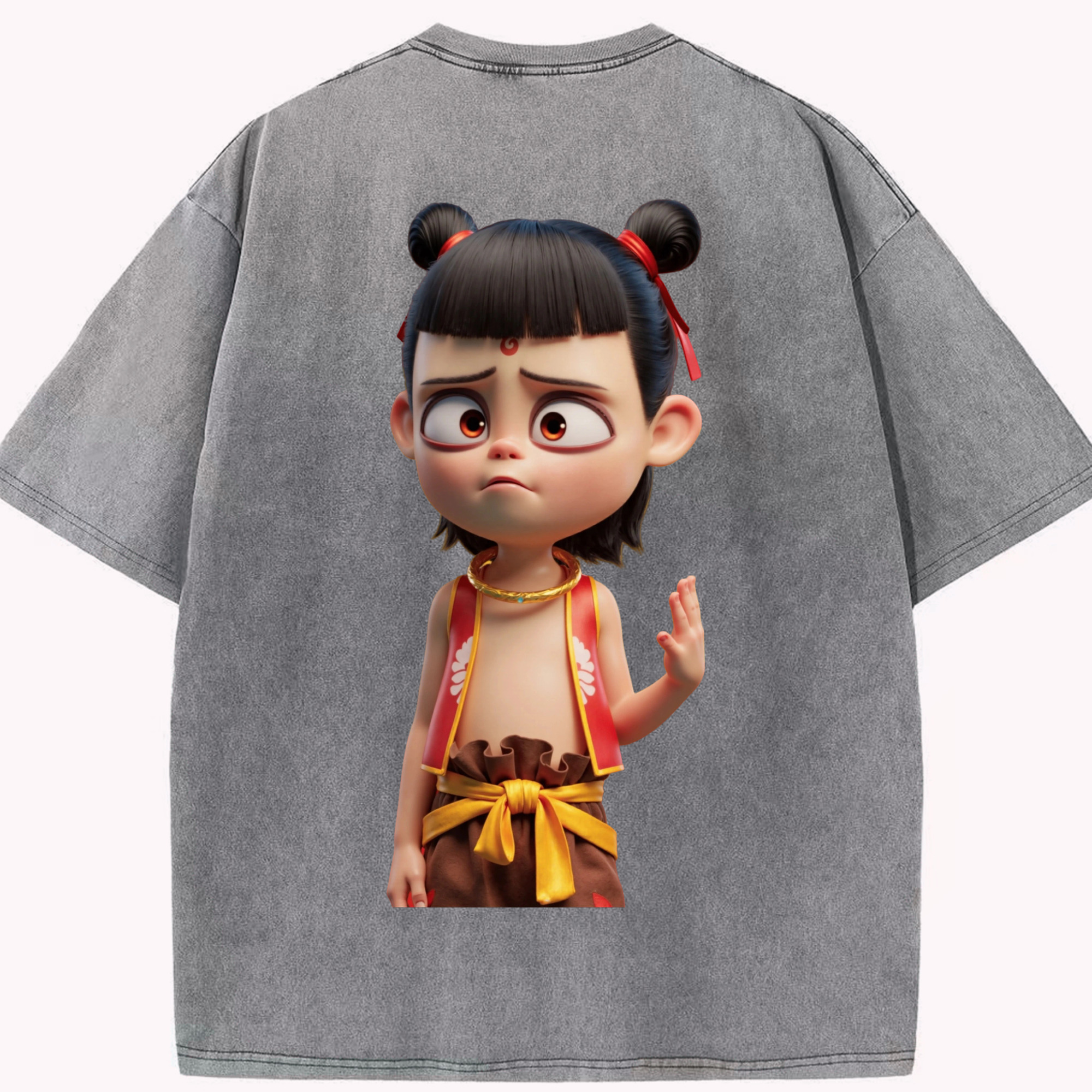 （画像用） Ne Zha 2 ナタ 魔童の大暴れ 綿100% ヴィンテージ風 半袖Tシャツ（背面プリント）