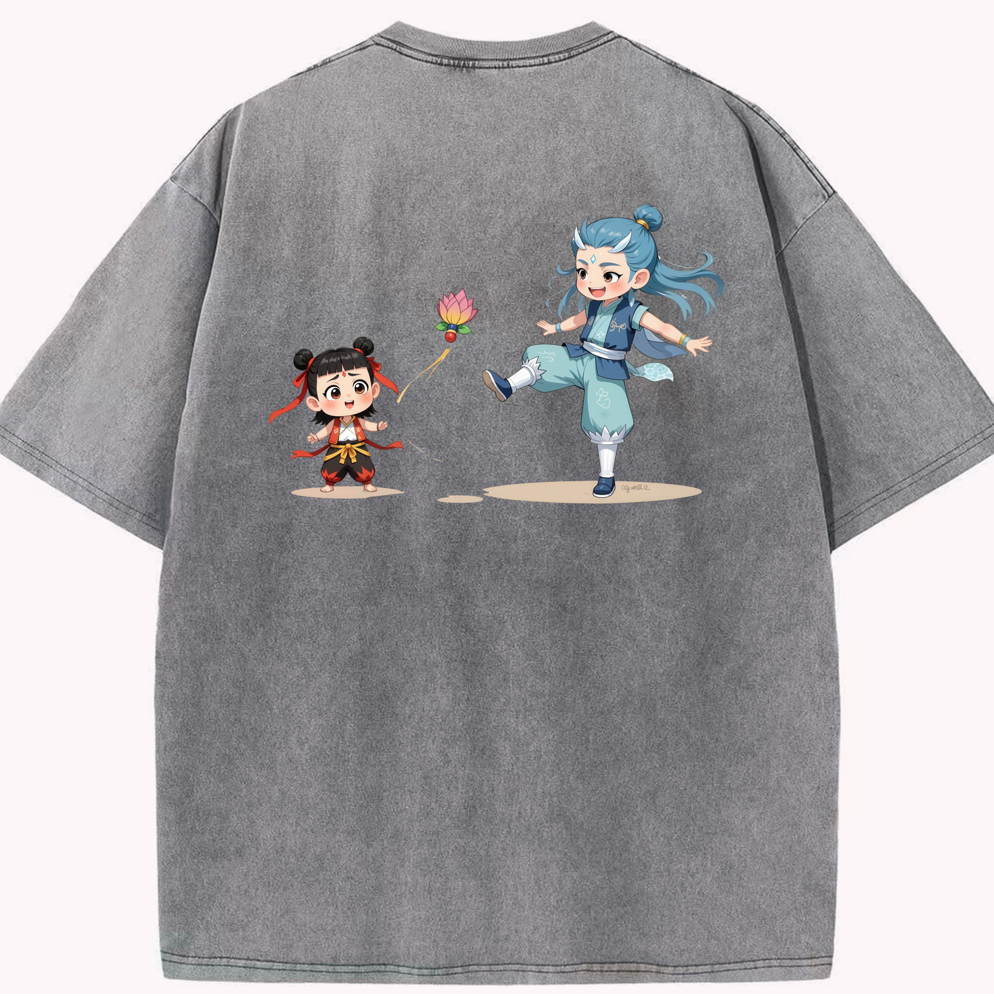 （画像用） Ne Zha 2 ナタ 魔童の大暴れ 綿100% ヴィンテージ風 半袖Tシャツ（背面プリント）