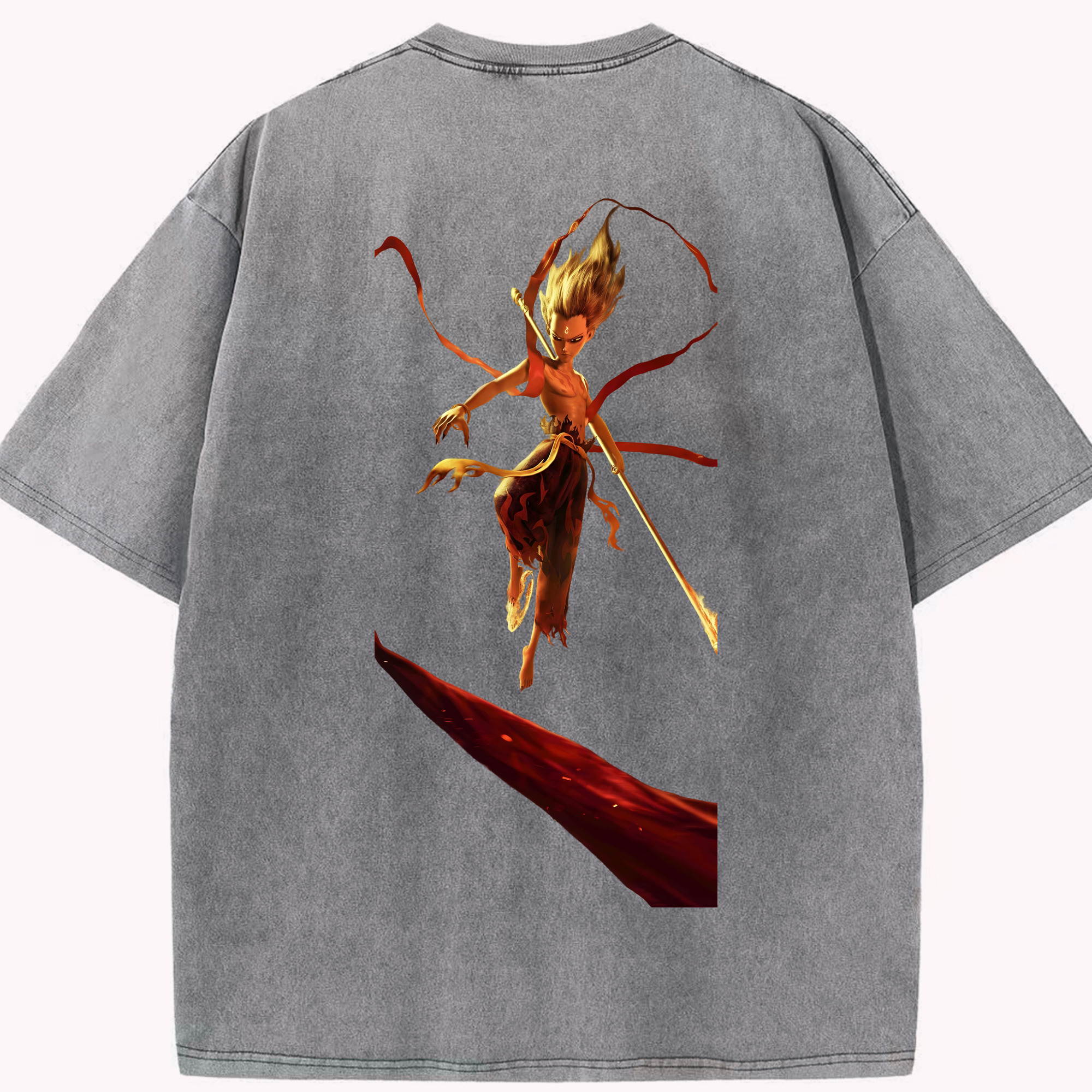 （画像用） Ne Zha 2 ナタ 魔童の大暴れ 綿100% ヴィンテージ風 半袖Tシャツ（背面プリント）