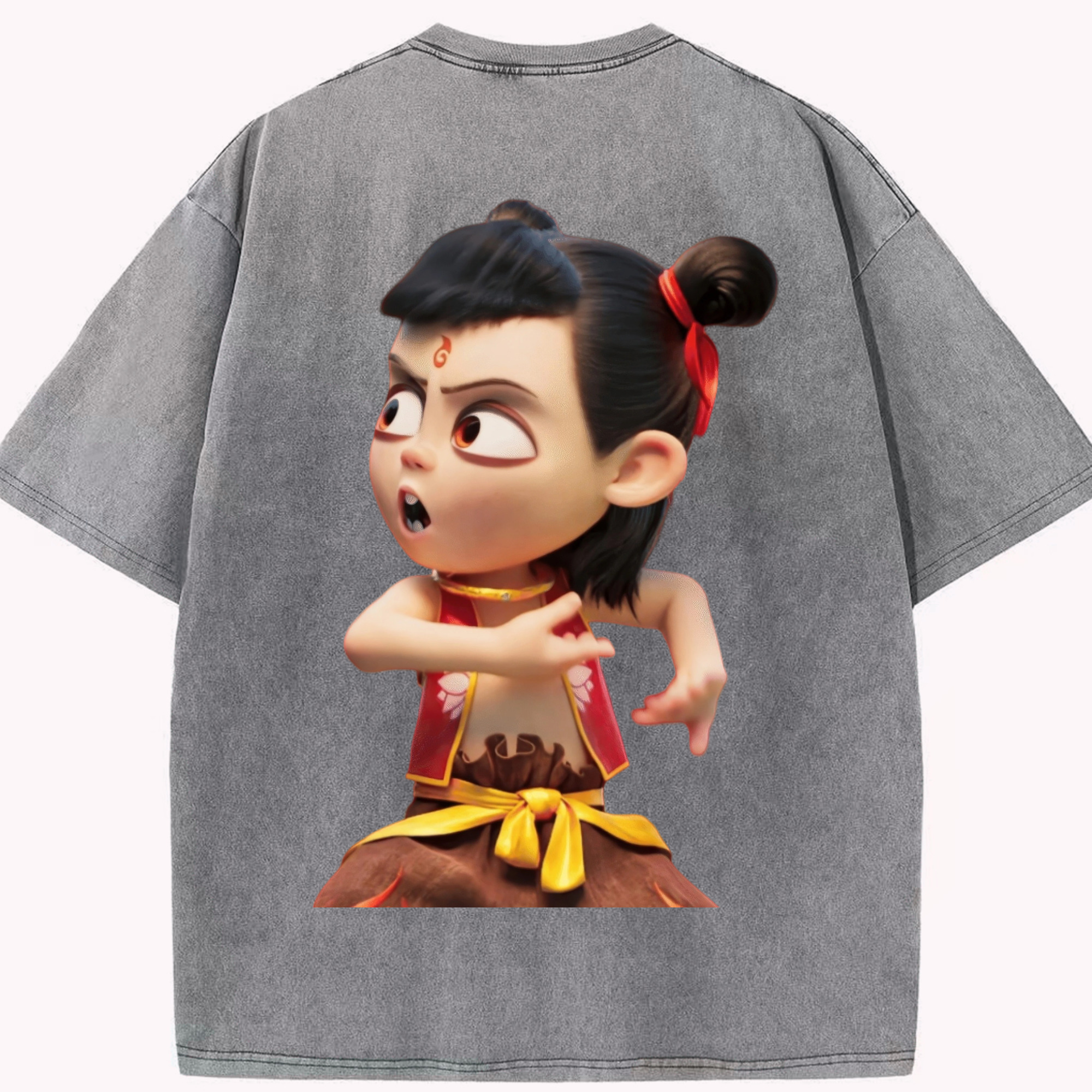 （画像用） Ne Zha 2 ナタ 魔童の大暴れ 綿100% ヴィンテージ風 半袖Tシャツ（背面プリント）