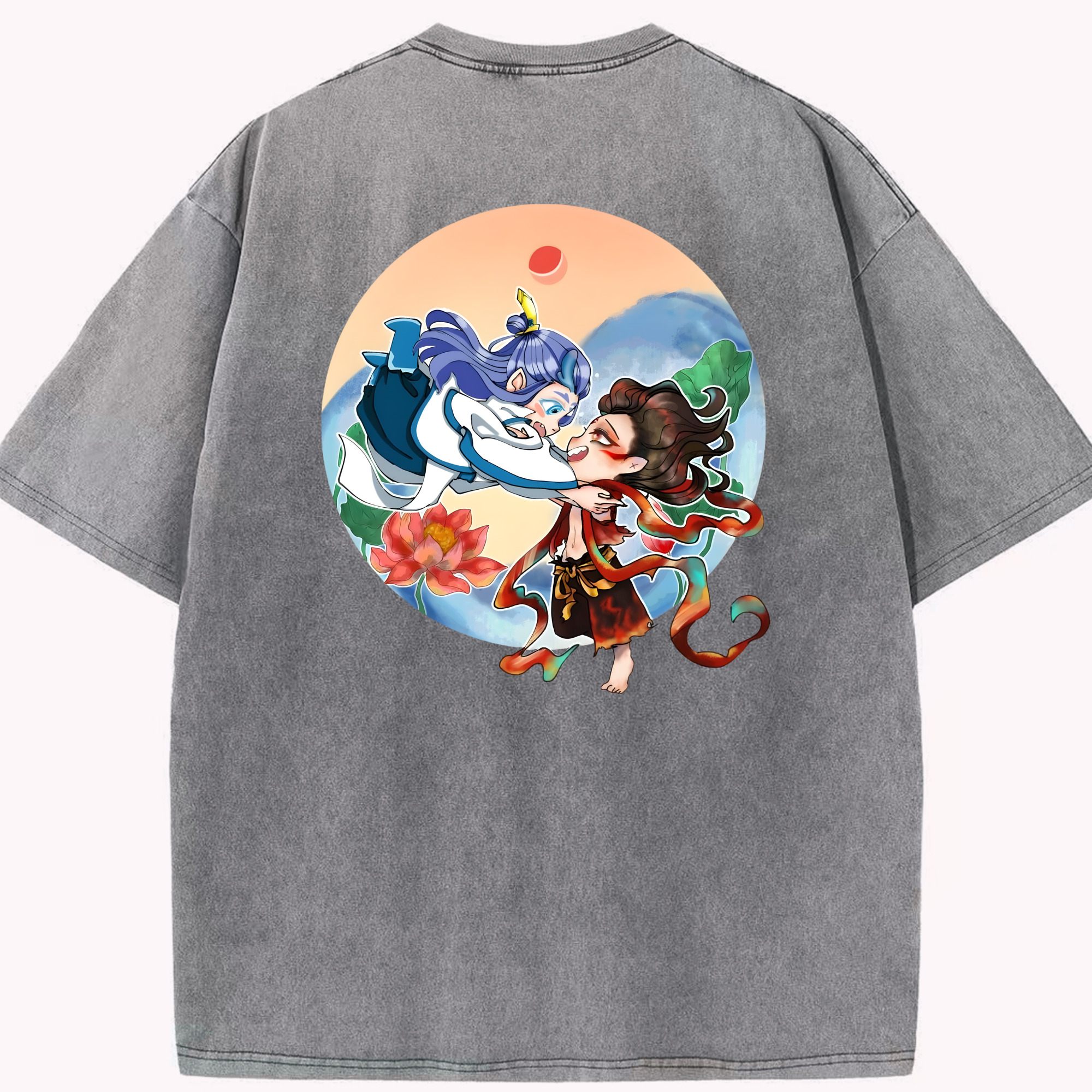 （画像用） Ne Zha 2 ナタ 魔童の大暴れ 綿100% ヴィンテージ風 半袖Tシャツ（背面プリント）