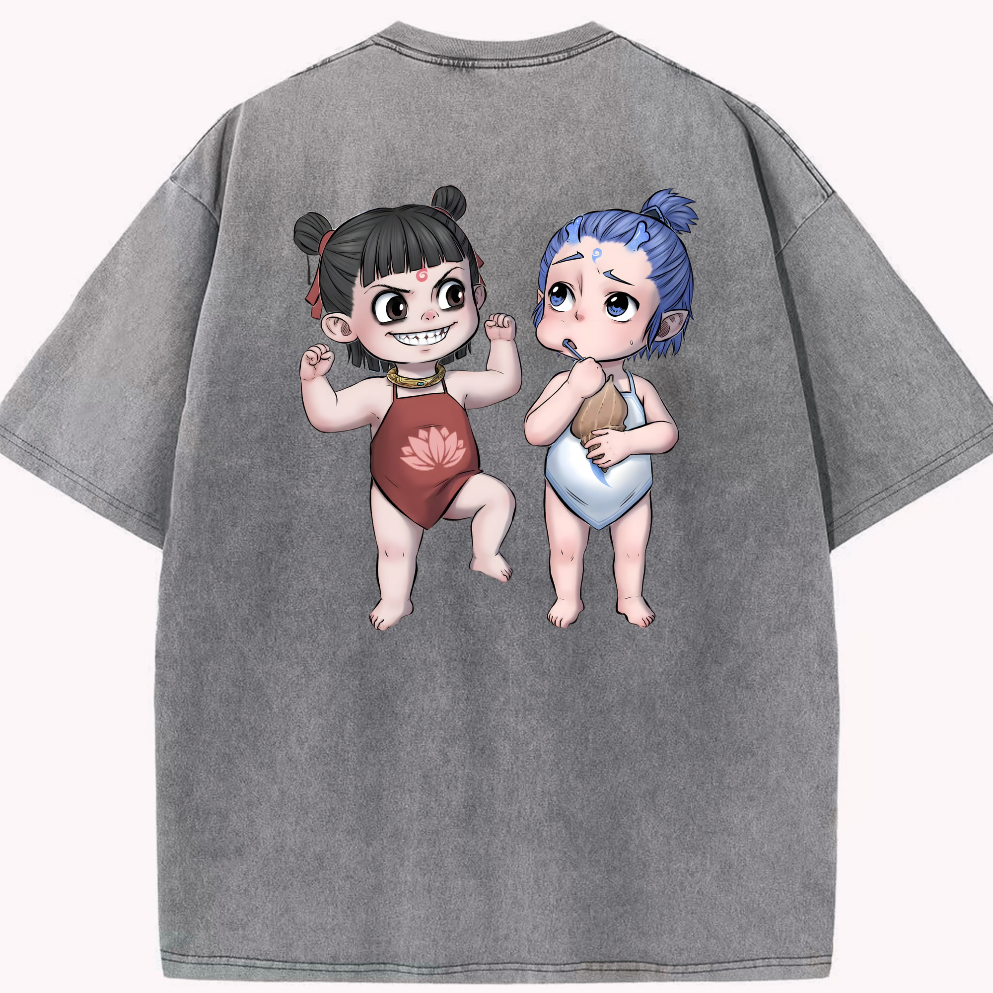 （画像用） Ne Zha 2 ナタ 魔童の大暴れ 綿100% ヴィンテージ風 半袖Tシャツ（背面プリント）