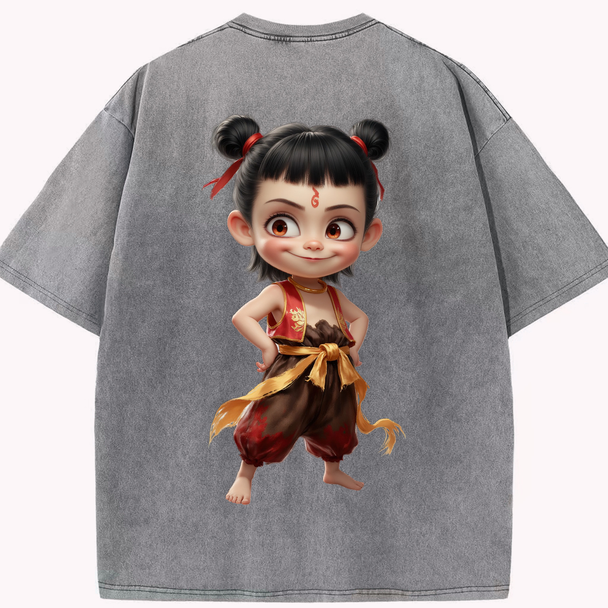 （画像用） Ne Zha 2 ナタ 魔童の大暴れ 綿100% ヴィンテージ風 半袖Tシャツ（背面プリント）