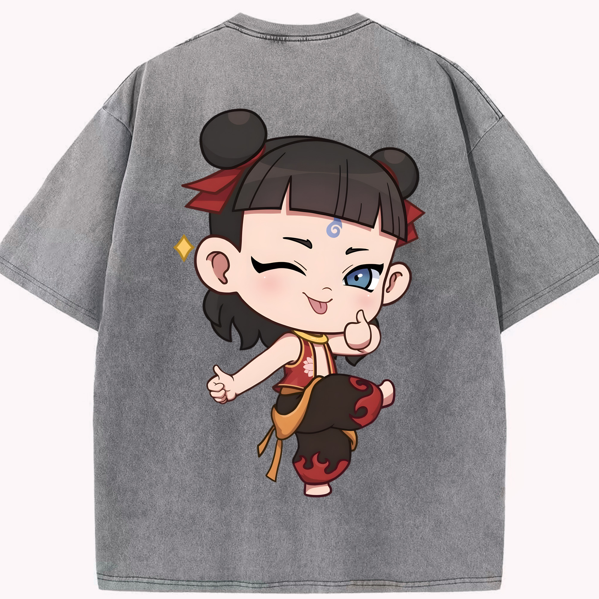 （画像用） Ne Zha 2 ナタ 魔童の大暴れ 綿100% ヴィンテージ風 半袖Tシャツ（背面プリント）