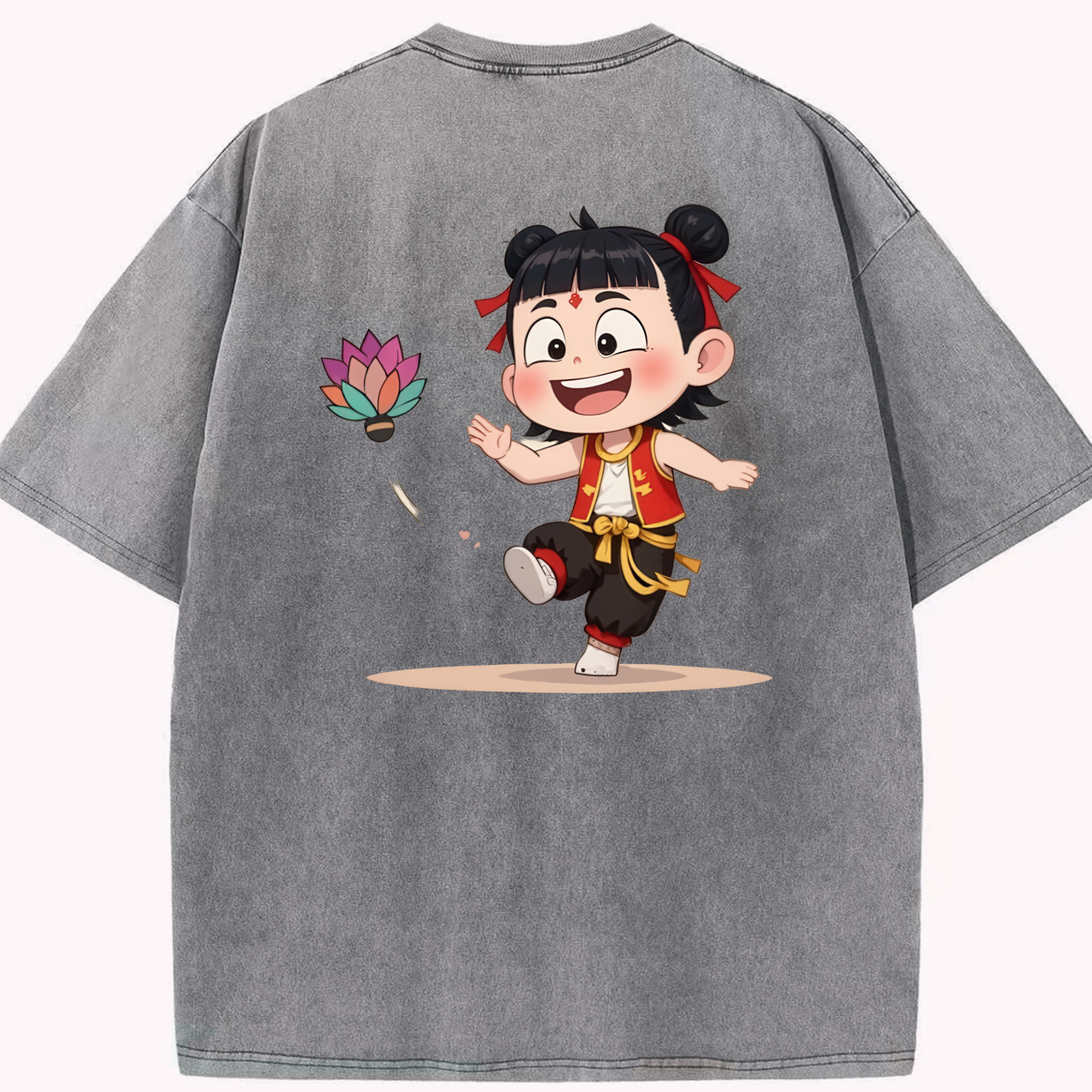 （画像用） Ne Zha 2 ナタ 魔童の大暴れ 綿100% ヴィンテージ風 半袖Tシャツ（背面プリント）