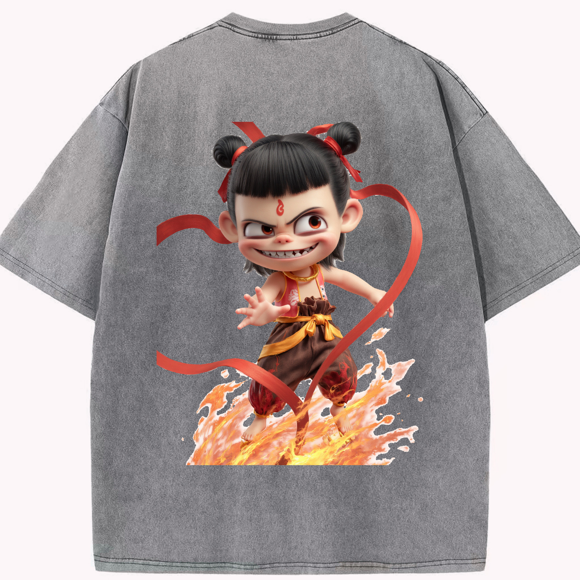 （画像用） Ne Zha 2 ナタ 魔童の大暴れ 綿100% ヴィンテージ風 半袖Tシャツ（背面プリント）