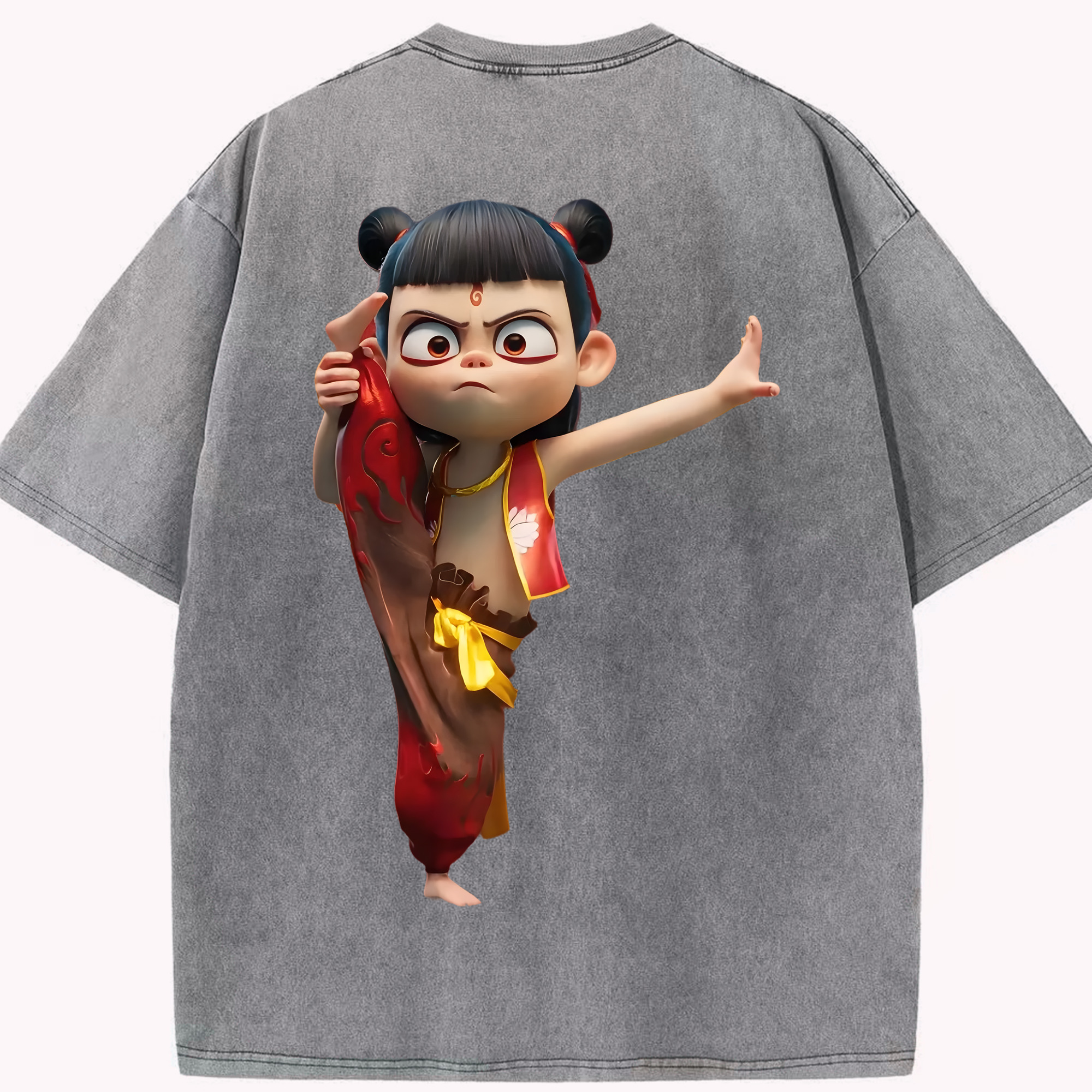 （画像用） Ne Zha 2 ナタ 魔童の大暴れ 綿100% ヴィンテージ風 半袖Tシャツ（背面プリント）