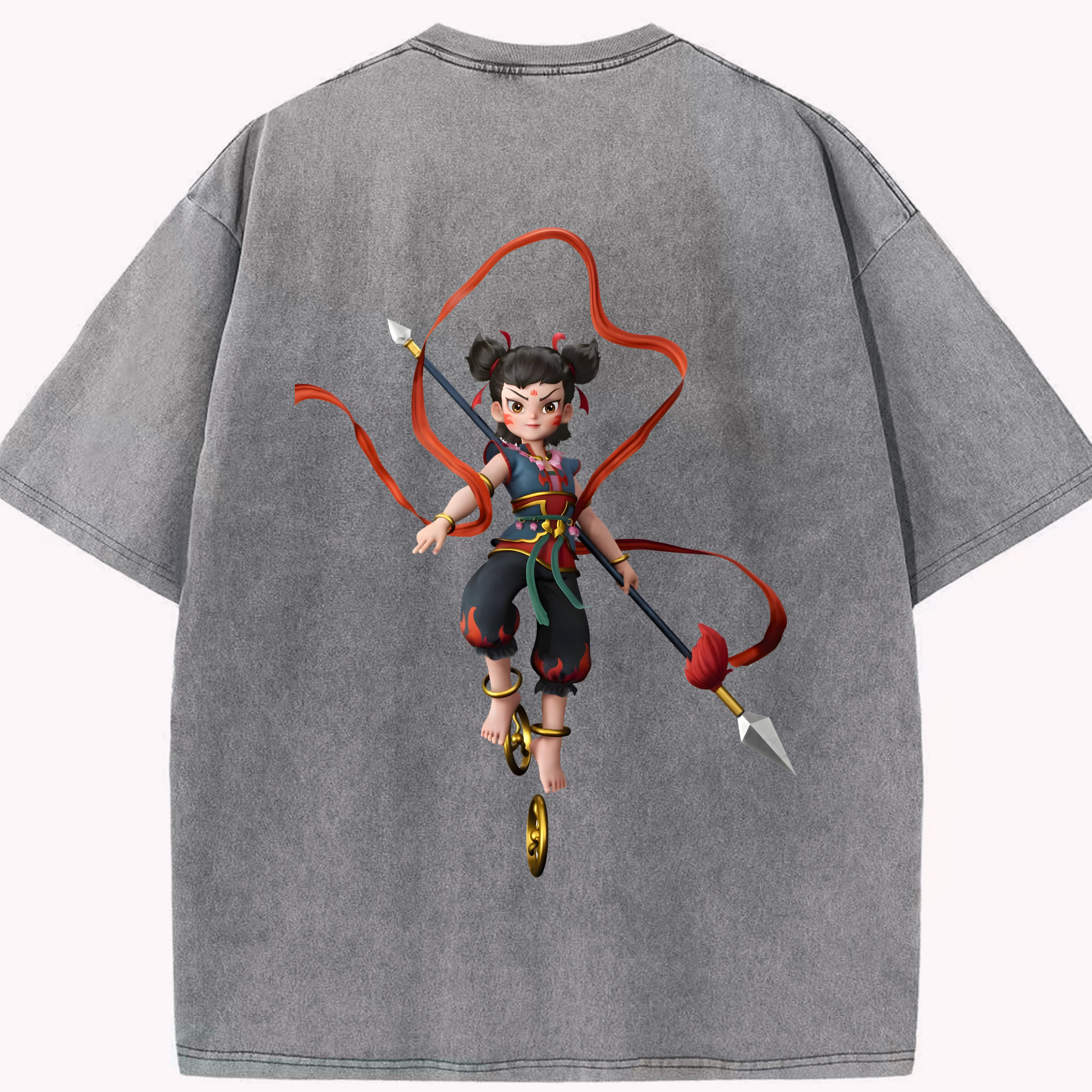 （画像用） Ne Zha 2 ナタ 魔童の大暴れ 綿100% ヴィンテージ風 半袖Tシャツ（背面プリント）